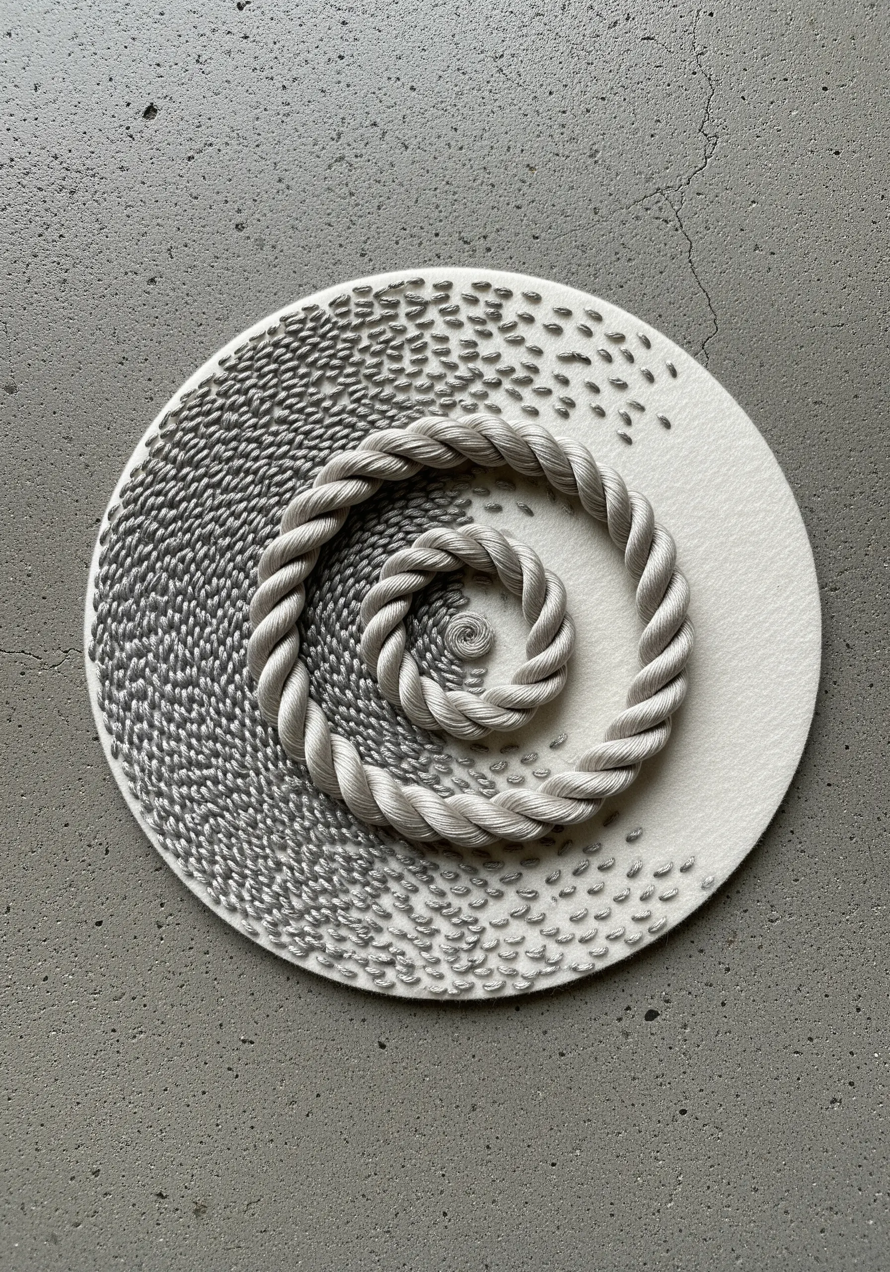 A spiral of thick gray cord surrounded by a dense field of scattered gray seed stitches.