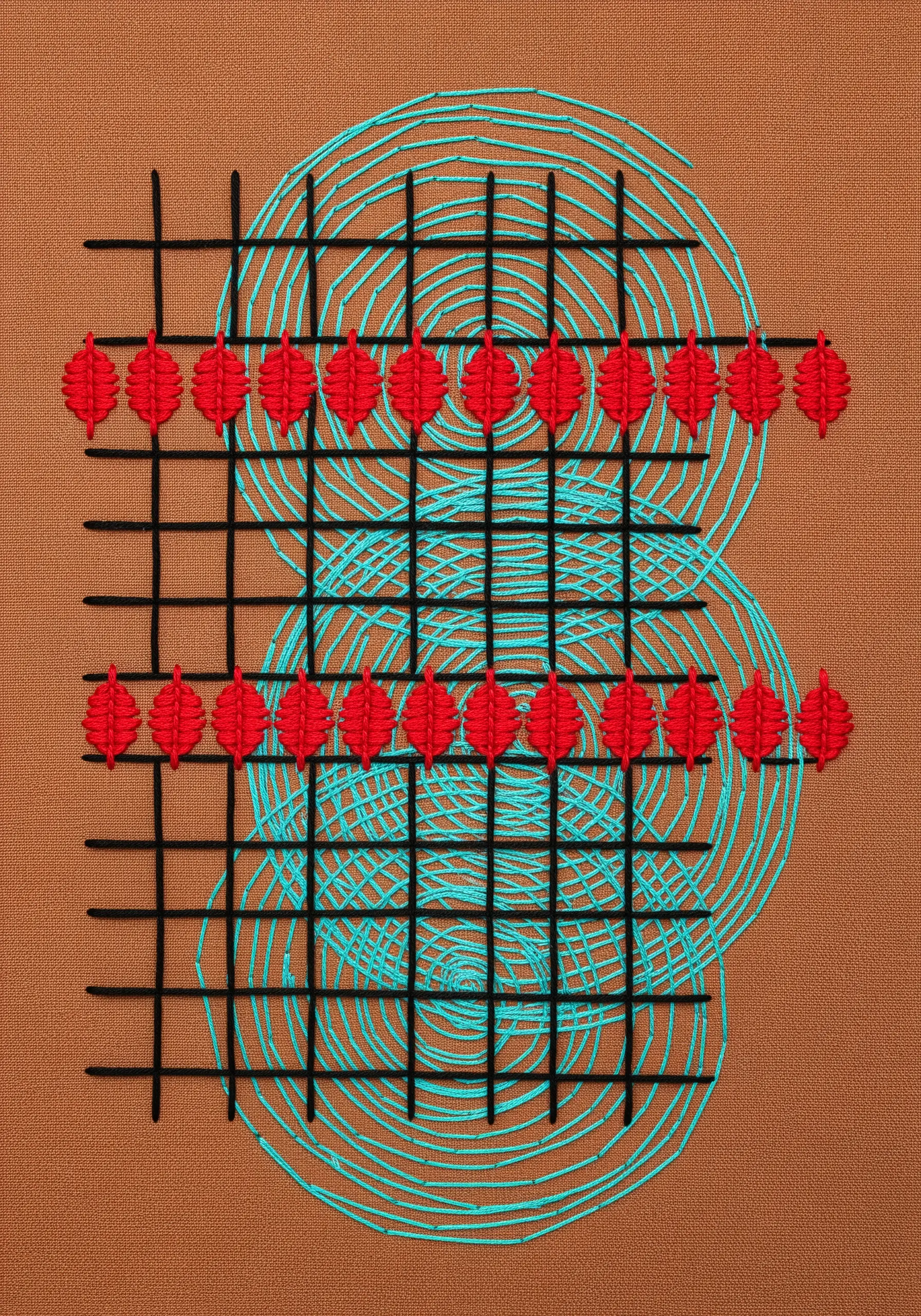 Abstract embroidery combining a black grid with turquoise spirals and red leaf-like motifs.