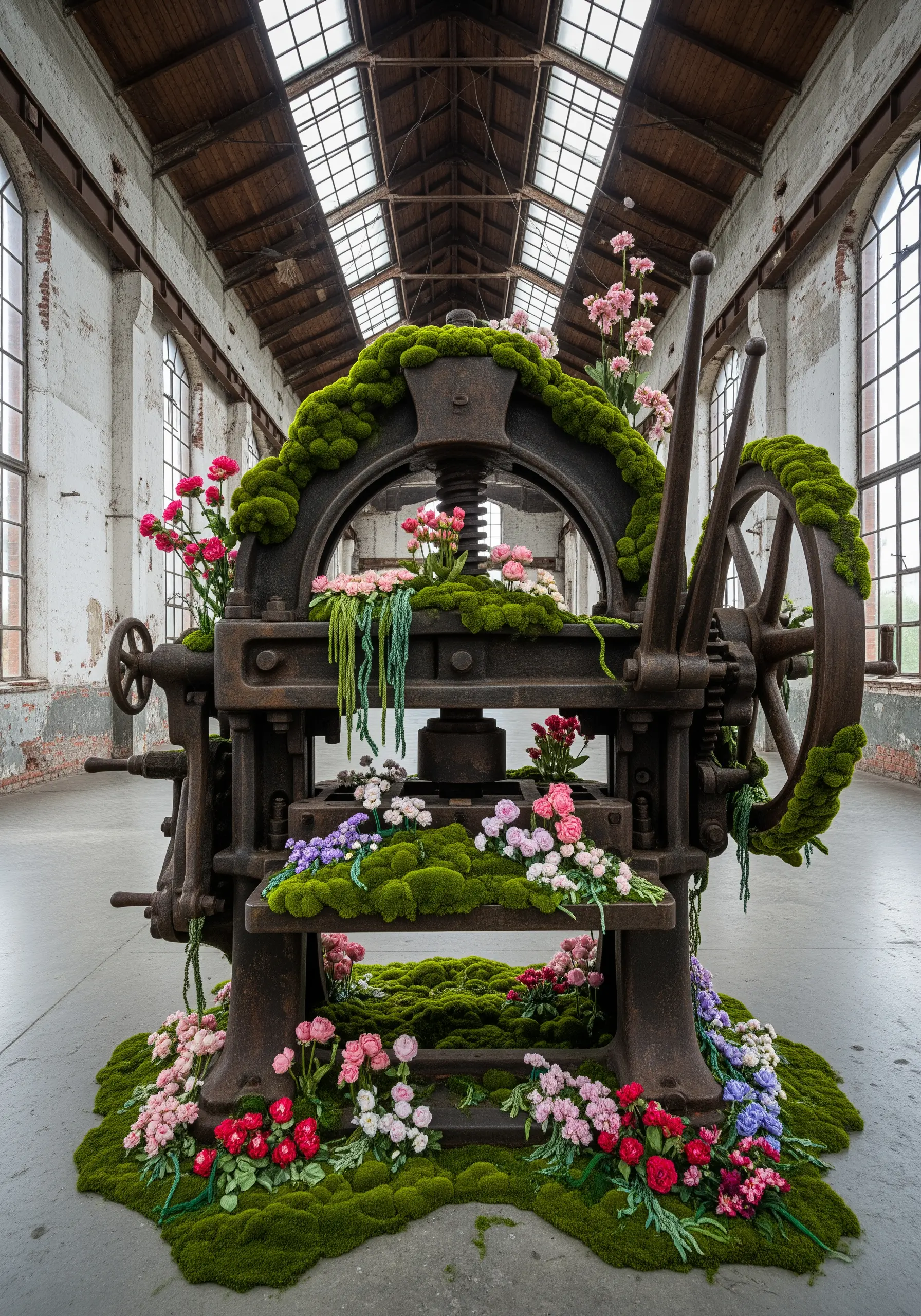 An old, rusty industrial press overgrown with vibrant, dimensional fiber art flowers and moss.