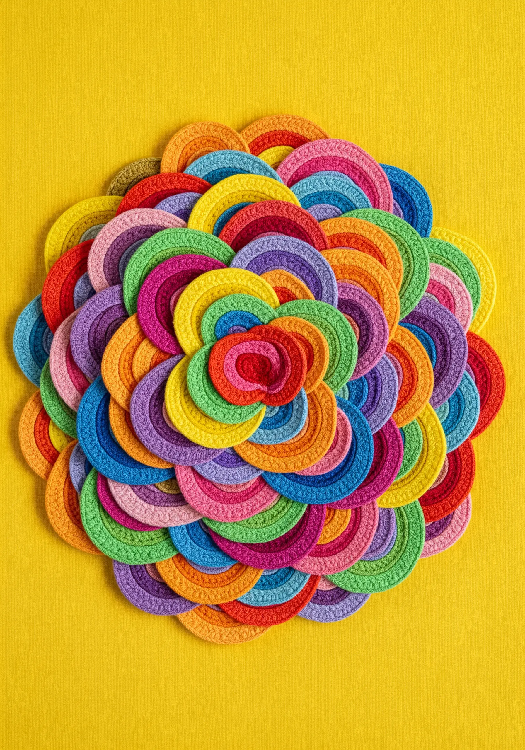 A vibrant, dense floral-like shape made of layered, multicolored stitched crescents.