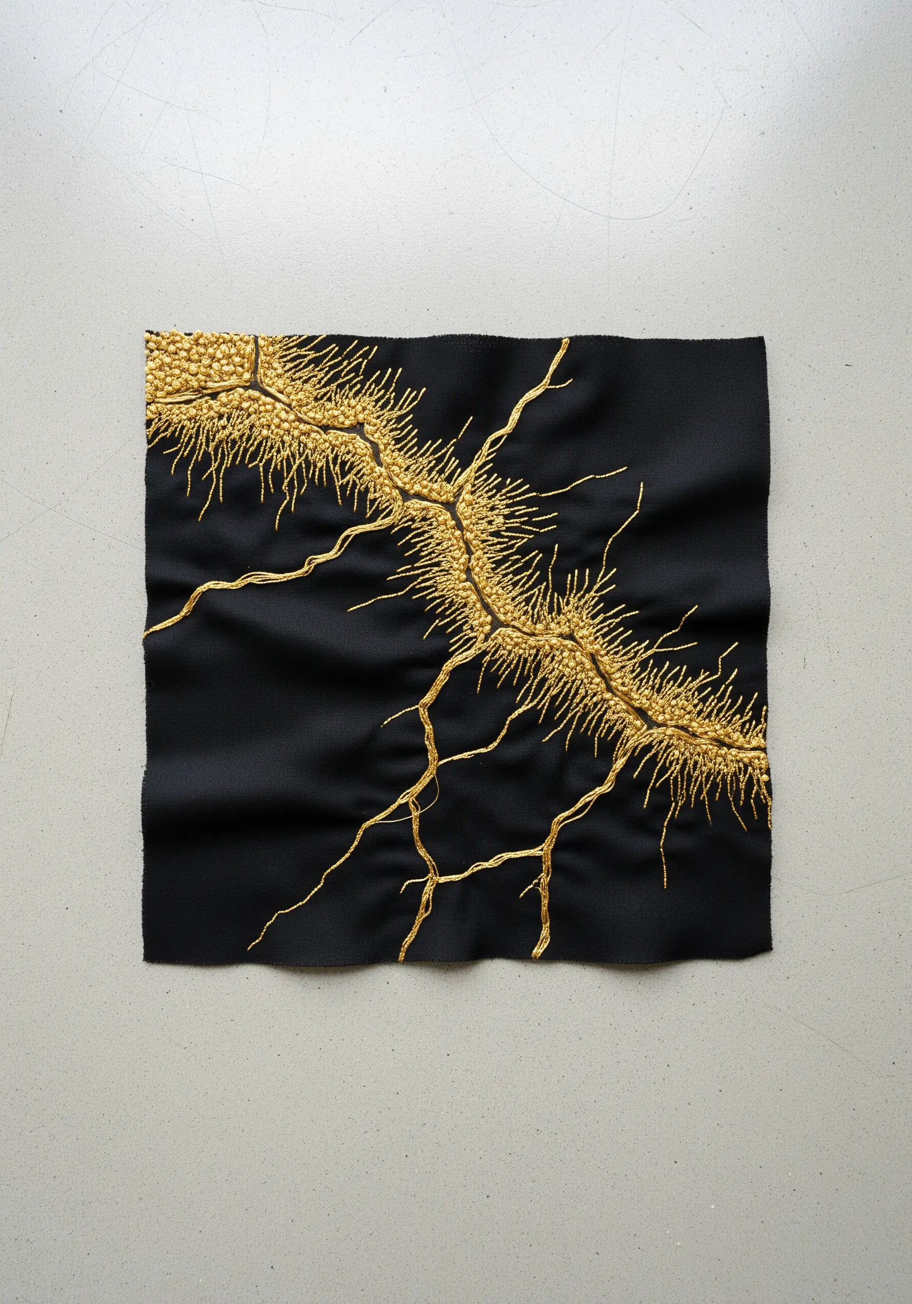 Gold thread embroidery on black fabric resembling a golden root system or lightning.