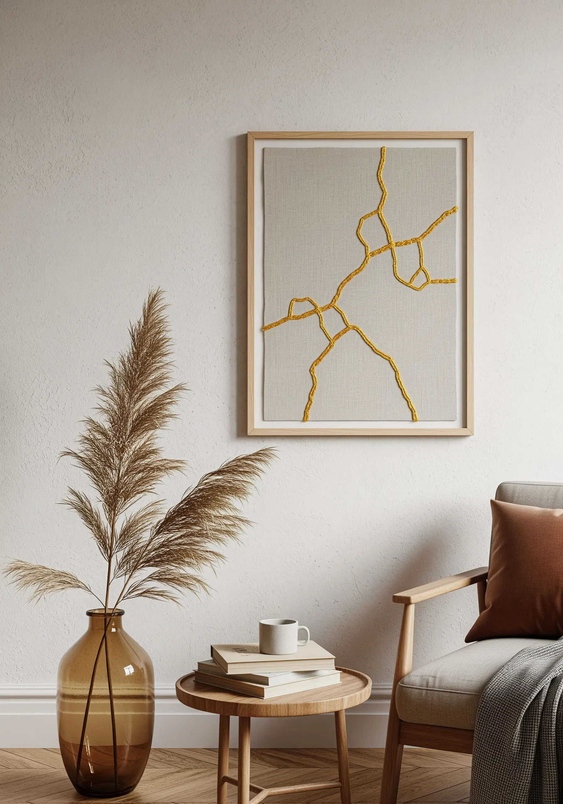 Minimalist art piece with golden threads stitched in crack-like patterns on neutral linen fabric.