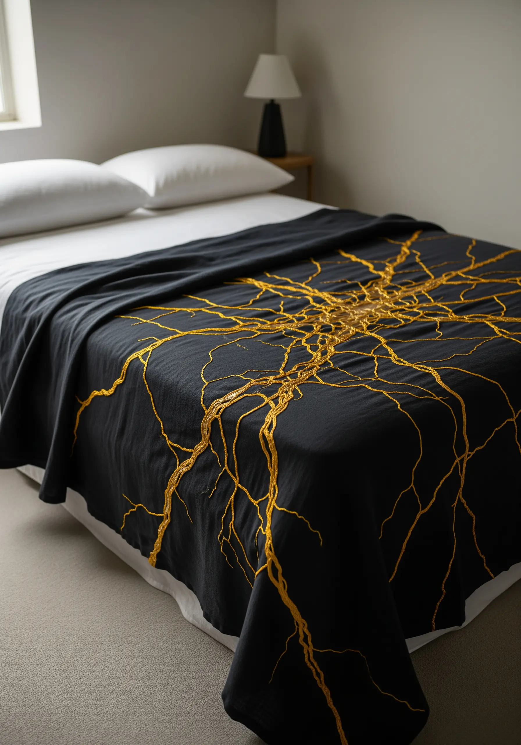 A black blanket embroidered with a network of branching golden lines, like kintsugi.