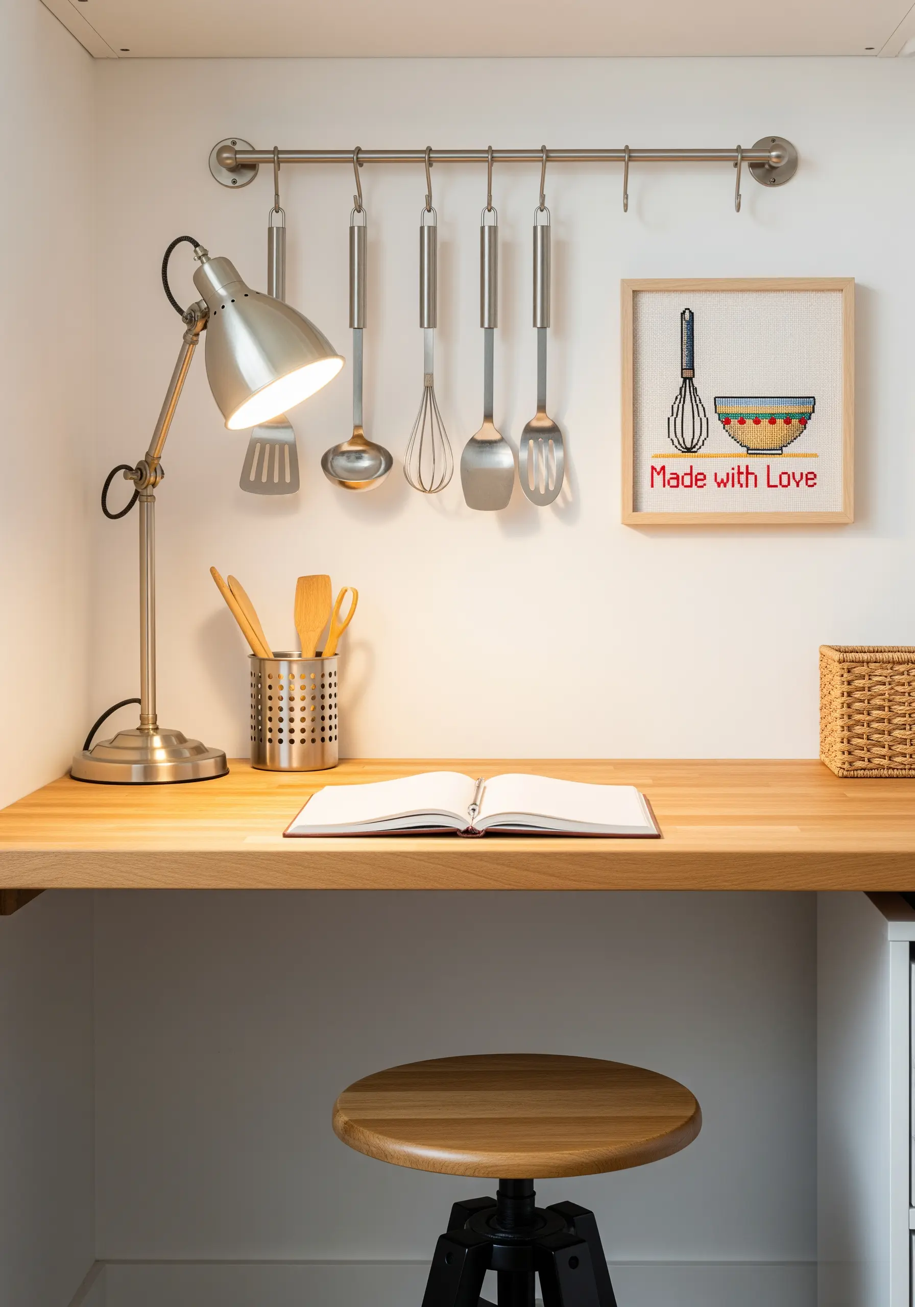 A framed cross-stitch piece saying 'Made with Love' next to a colorful bowl.