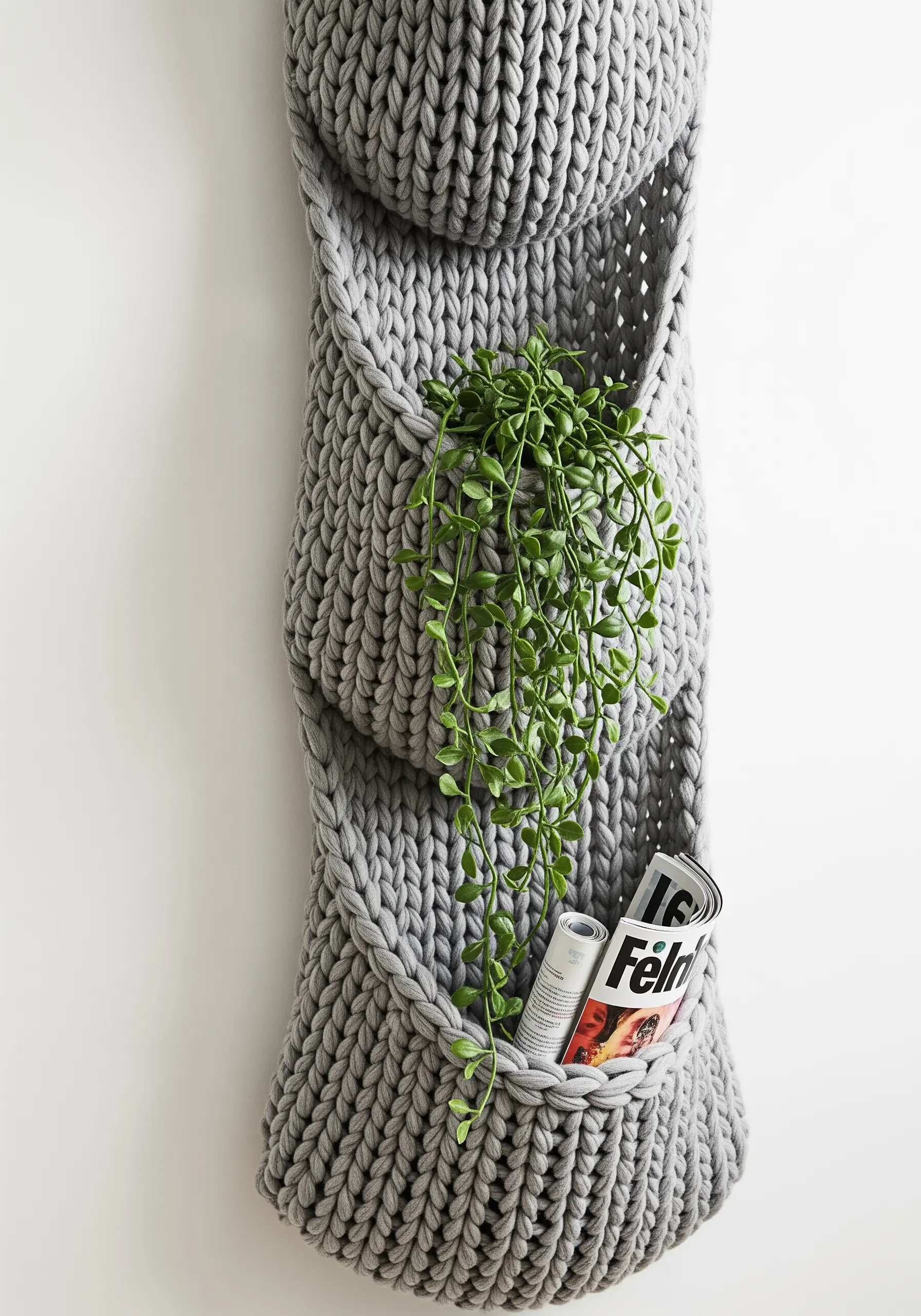 A chunky gray knit wall hanging with integrated pockets holding magazines and a plant.