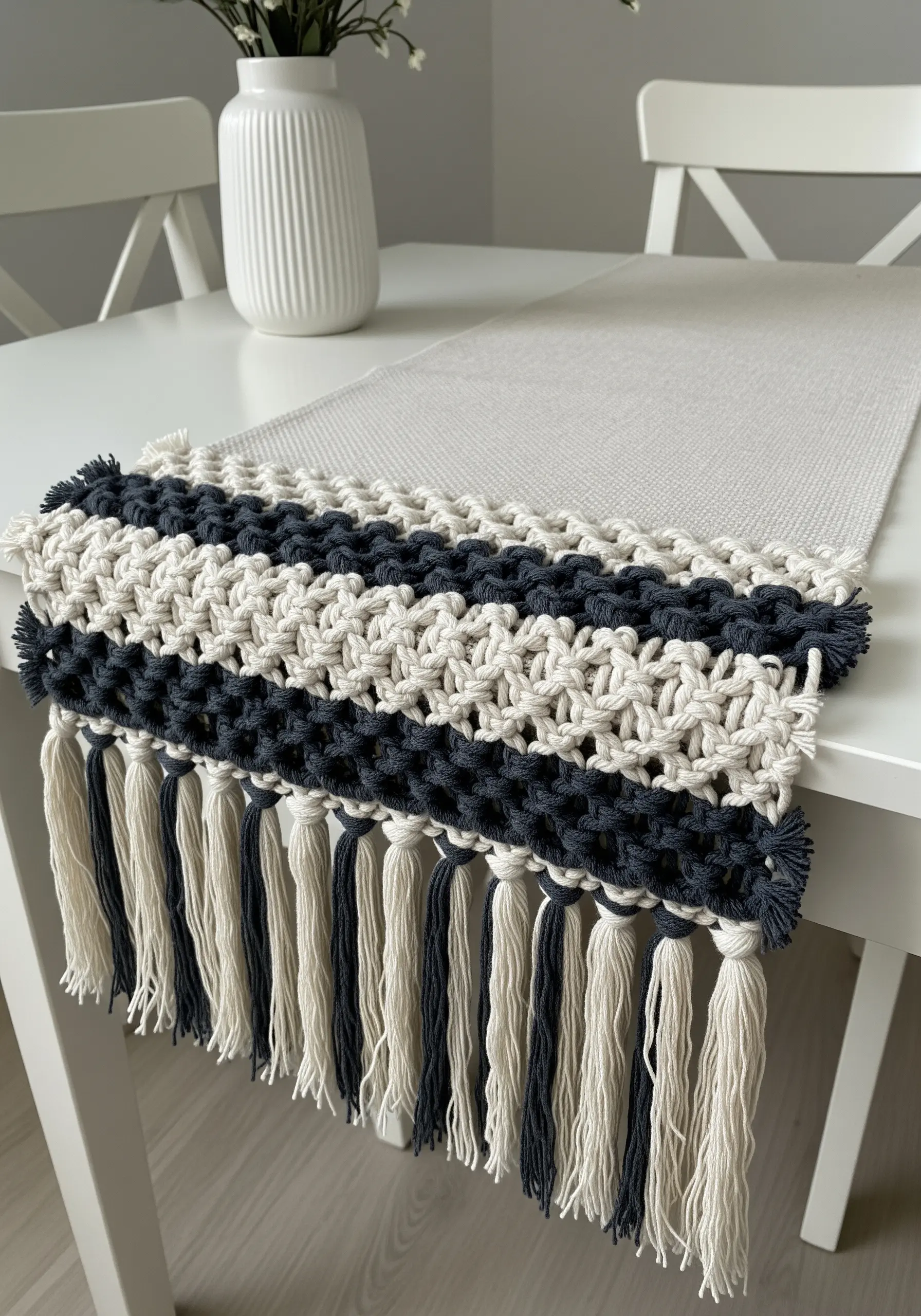 A macrame table runner in a dense black and white pattern with a long fringe.