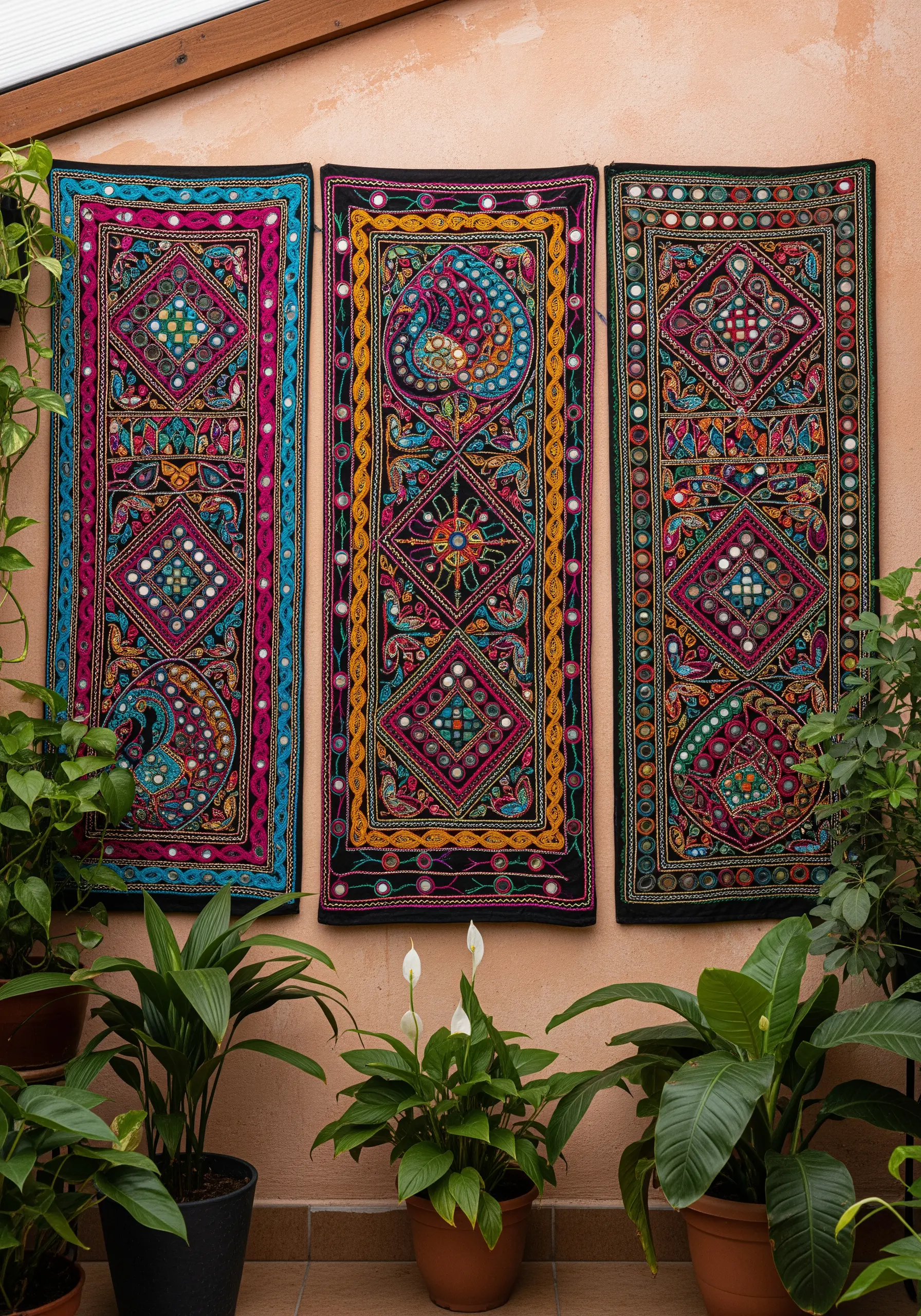 Three vertical panels of vibrant Kutch embroidery with shisha mirror work and geometric patterns.