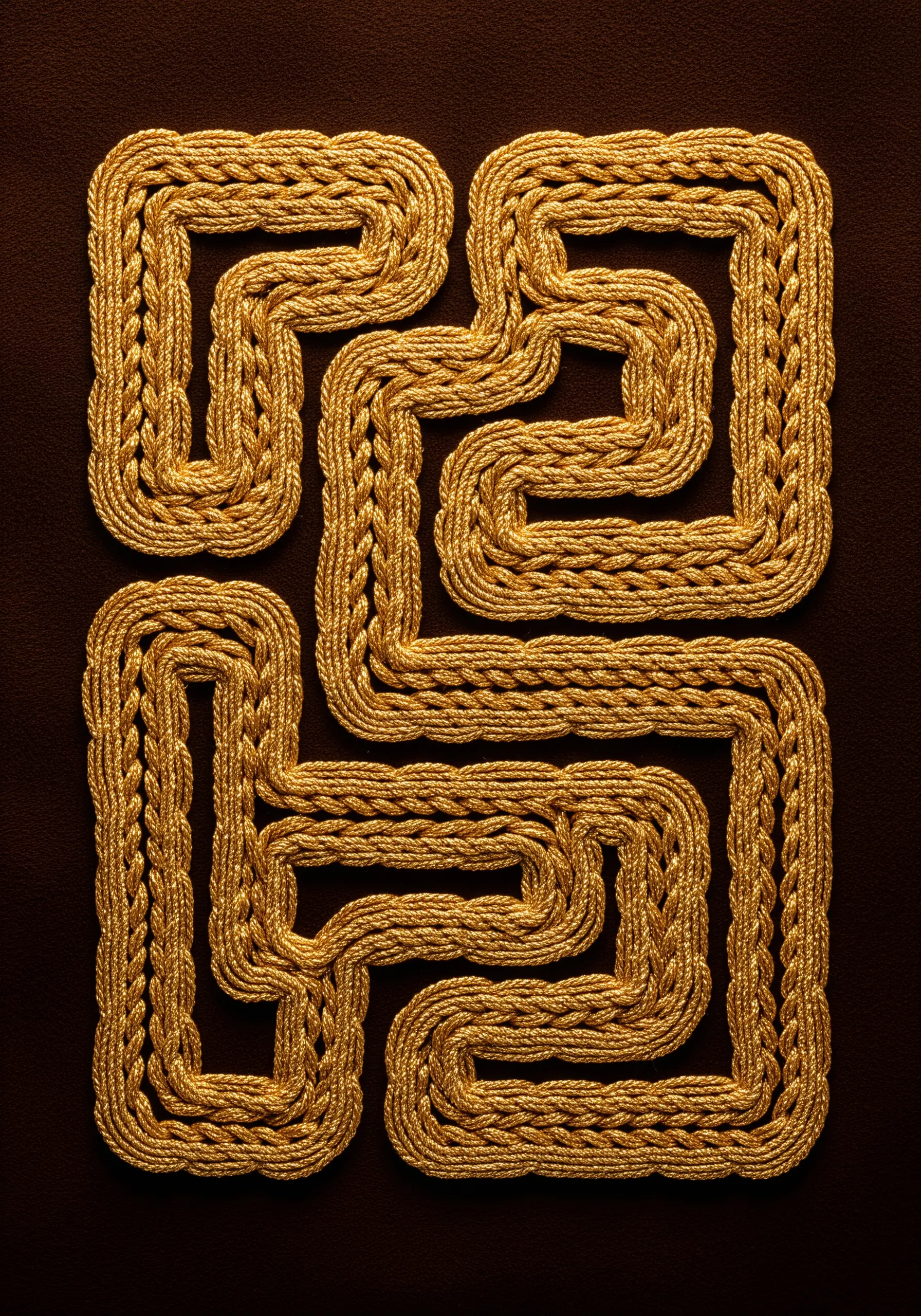 A maze-like pattern made from thick, braided gold cord couched on a dark background.