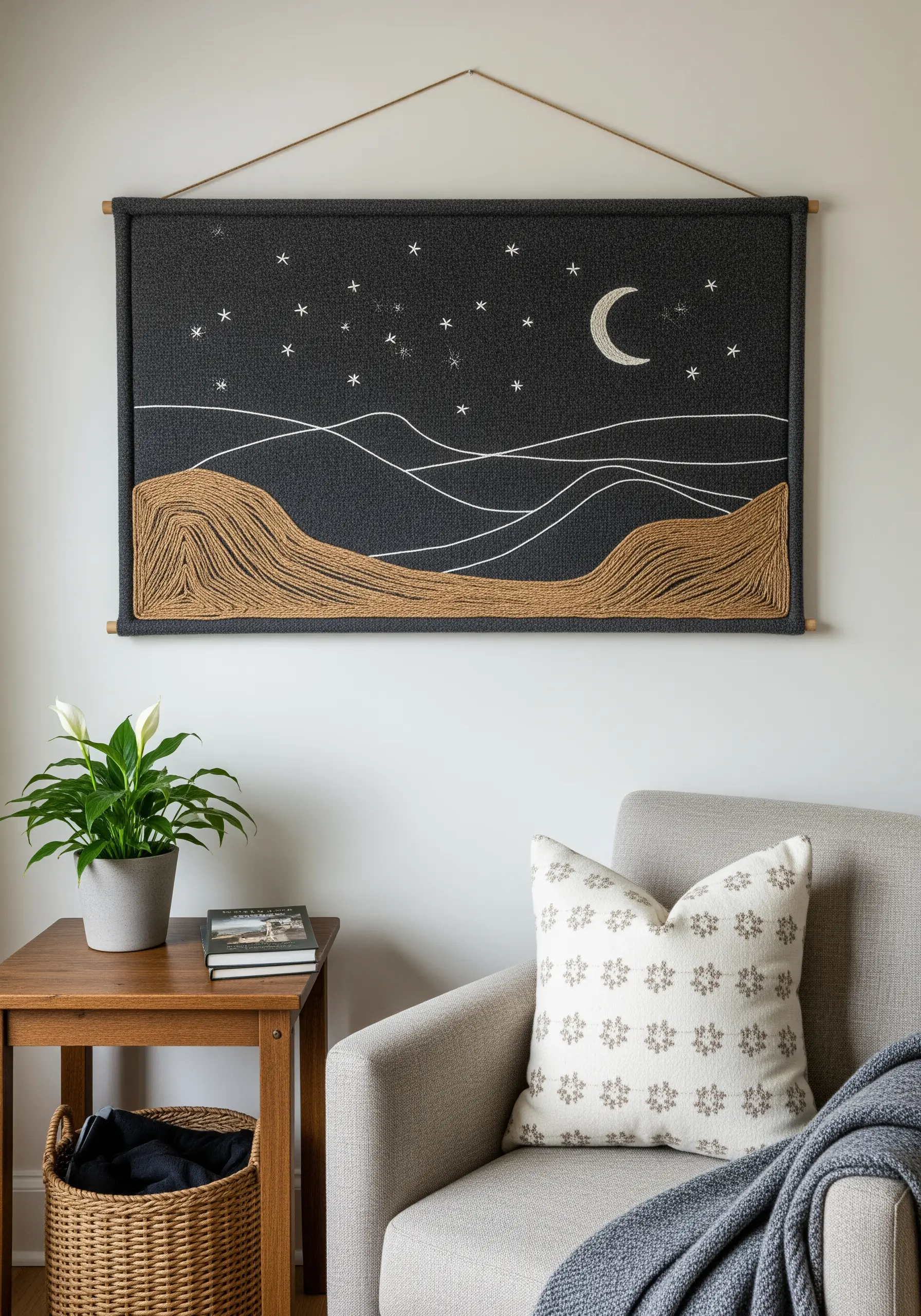 A modern landscape wall hanging with hills made of couched jute twine on dark fabric.
