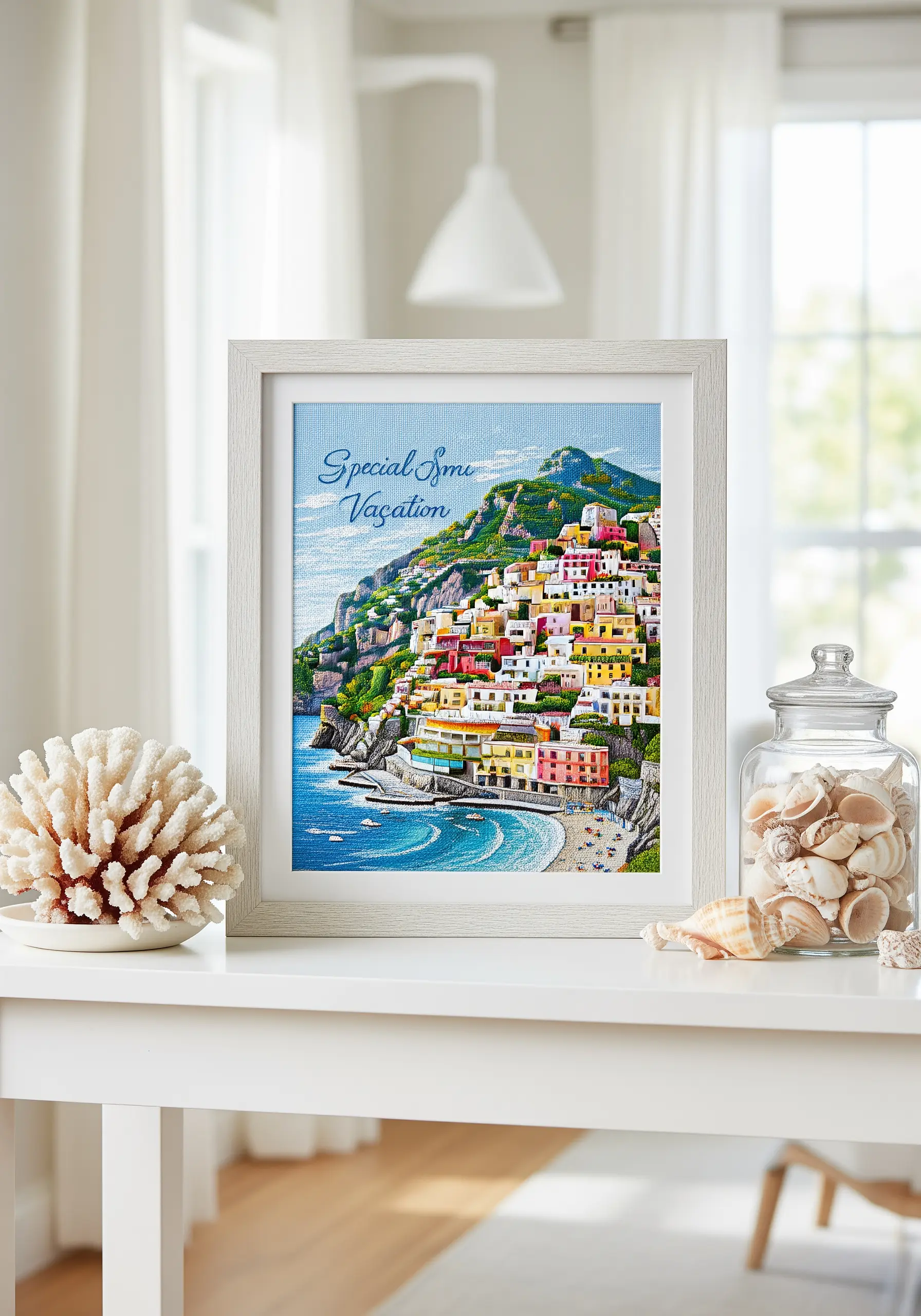 An embroidered landscape of Positano, Italy, with colorful buildings on a cliffside.