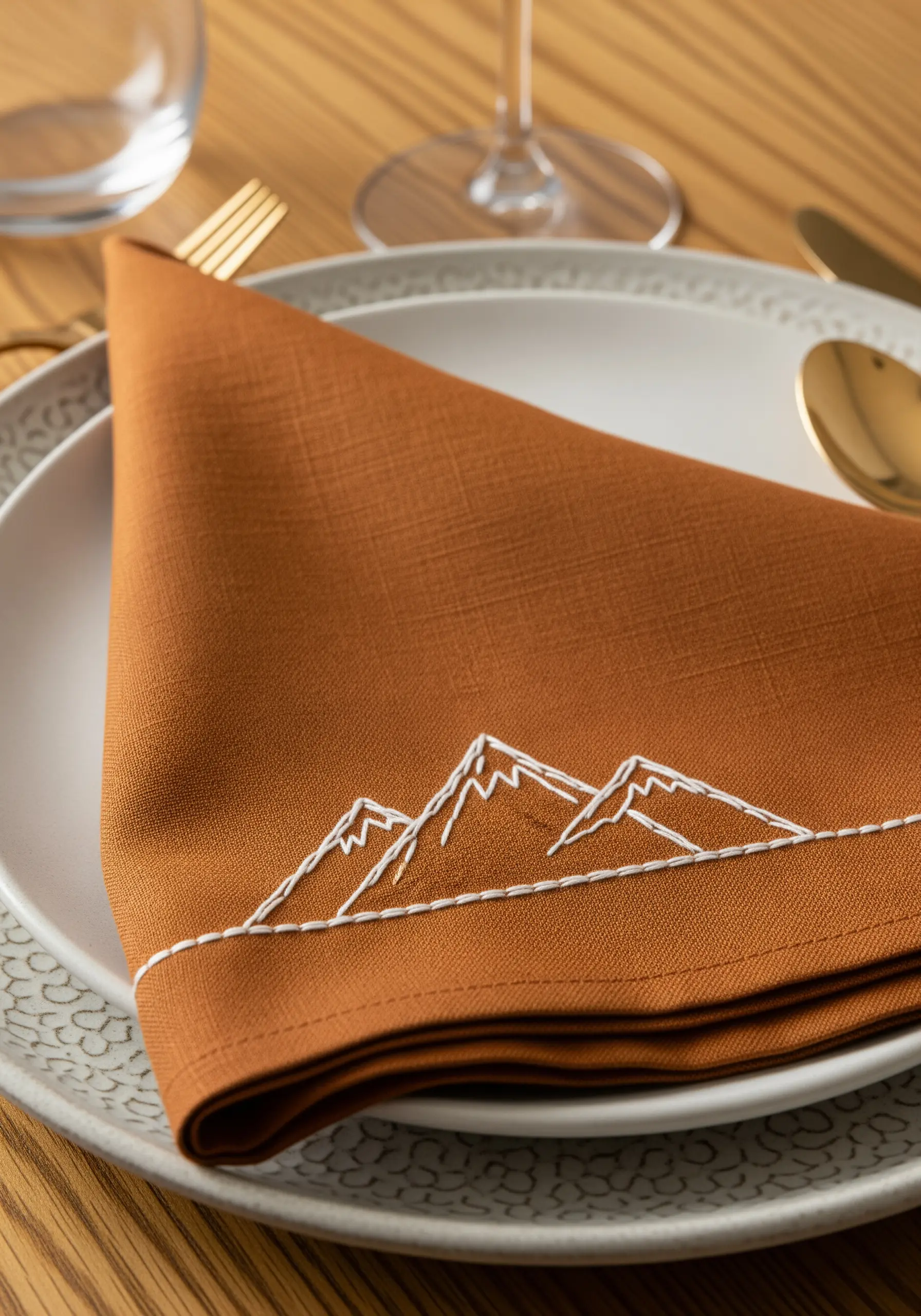 Minimalist mountain range outline embroidered in white on a rust-colored napkin.