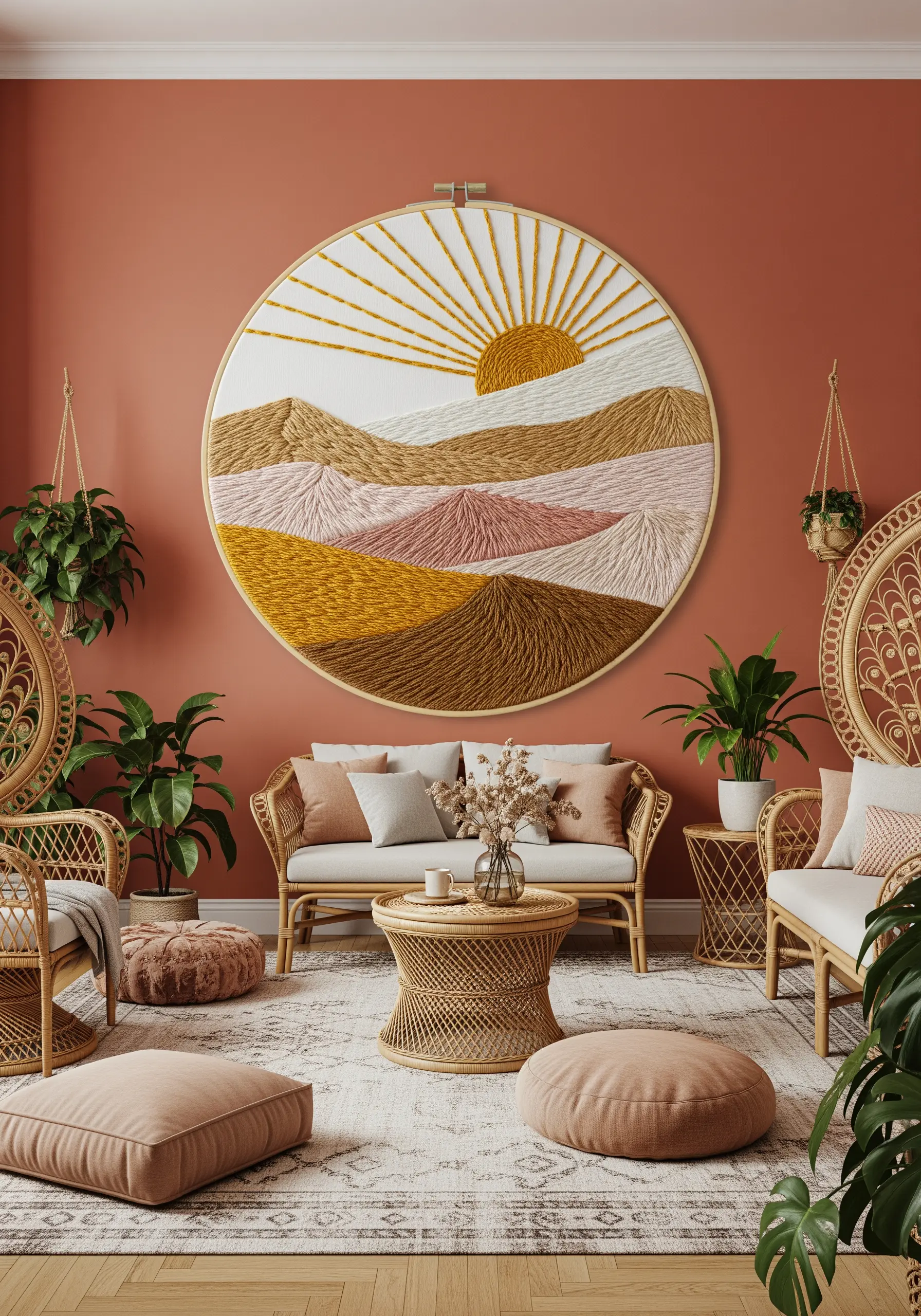 An oversized embroidery hoop with an abstract desert landscape in warm tones, hanging in a living room.