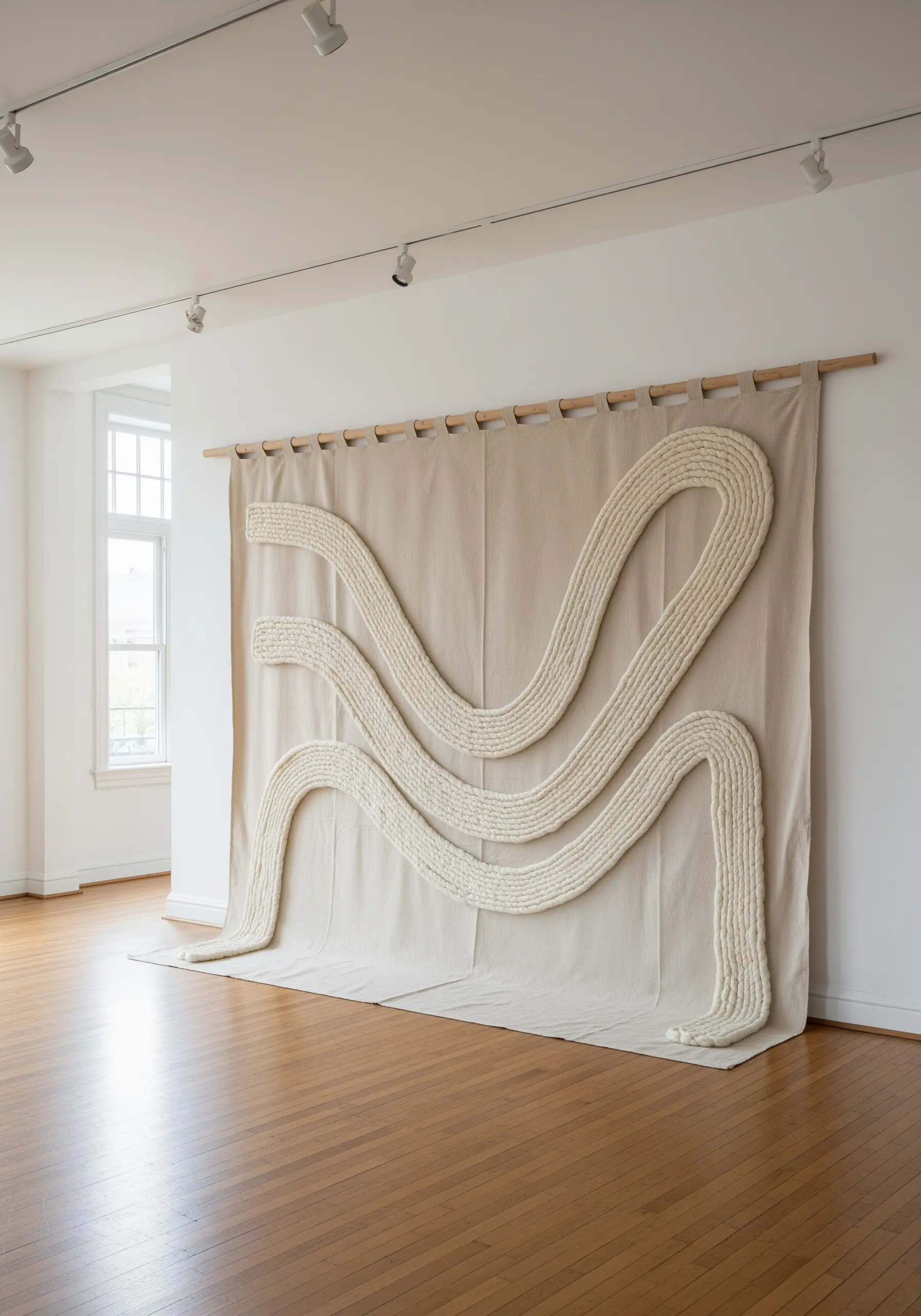 A large-scale wall hanging with a thick, cream-colored rope couched onto canvas.