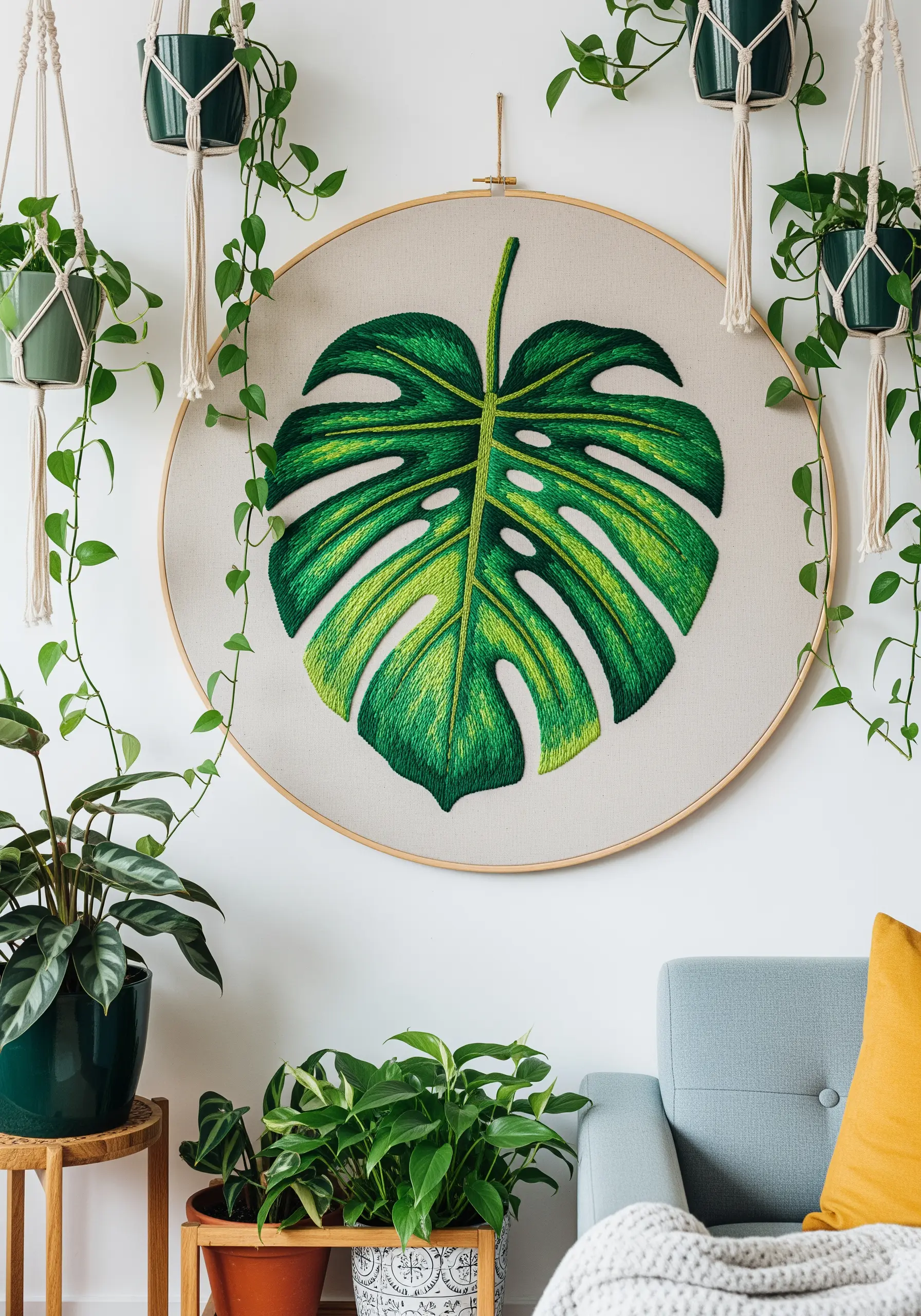 A large, detailed embroidery of a Monstera leaf with blended shades of green.
