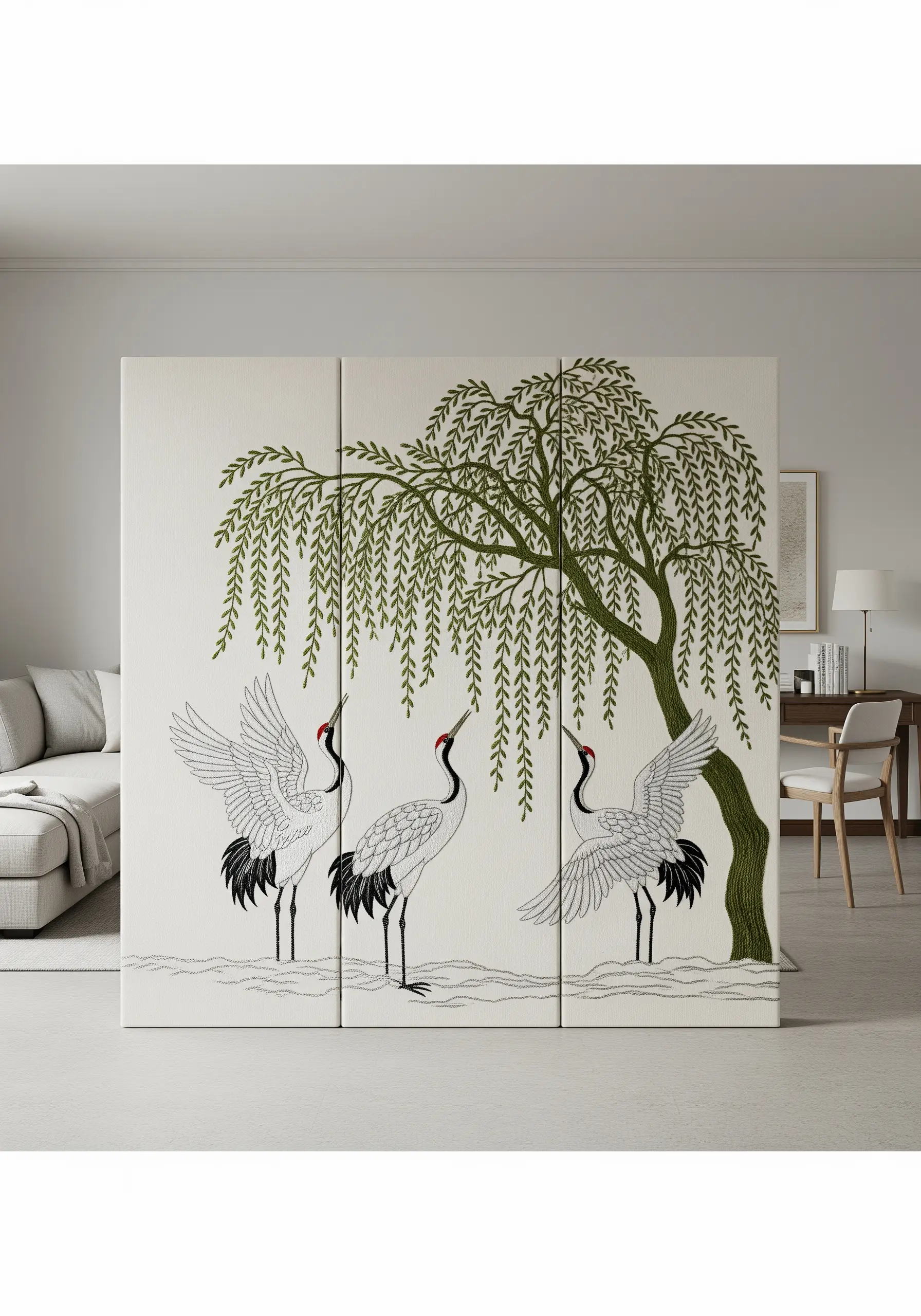 A three-panel room divider with an embroidered scene of red-crowned cranes and a willow tree.