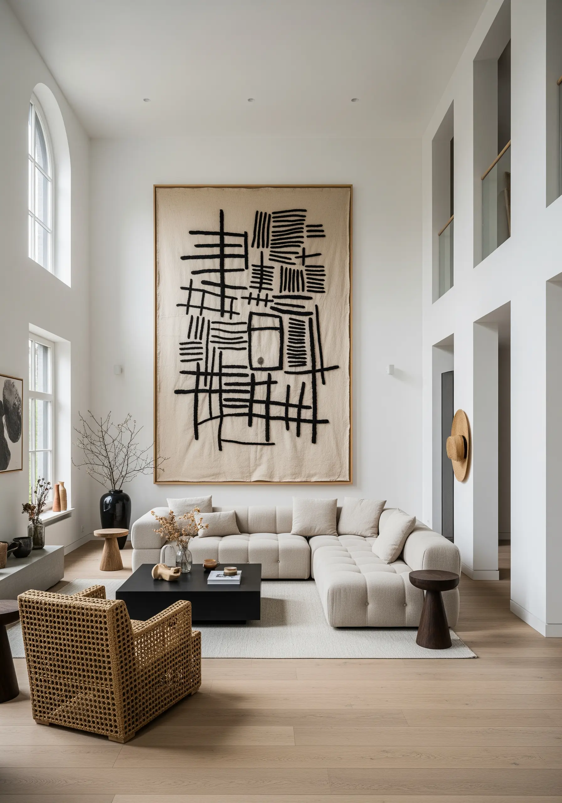 A large, unstretched canvas wall tapestry with bold, abstract black lines stitched in yarn.