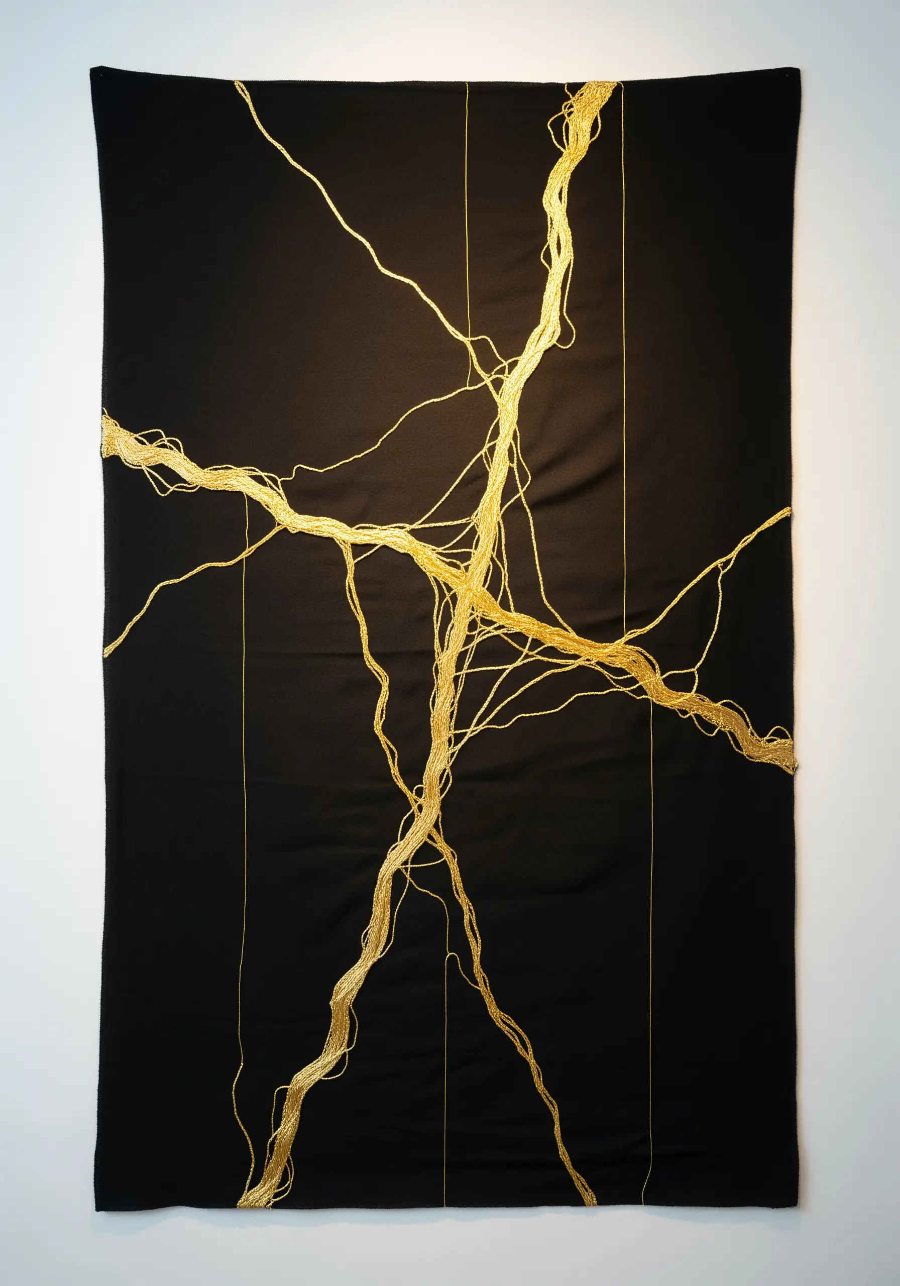 A large black fabric wall hanging with bold, abstract couched gold metallic cord.