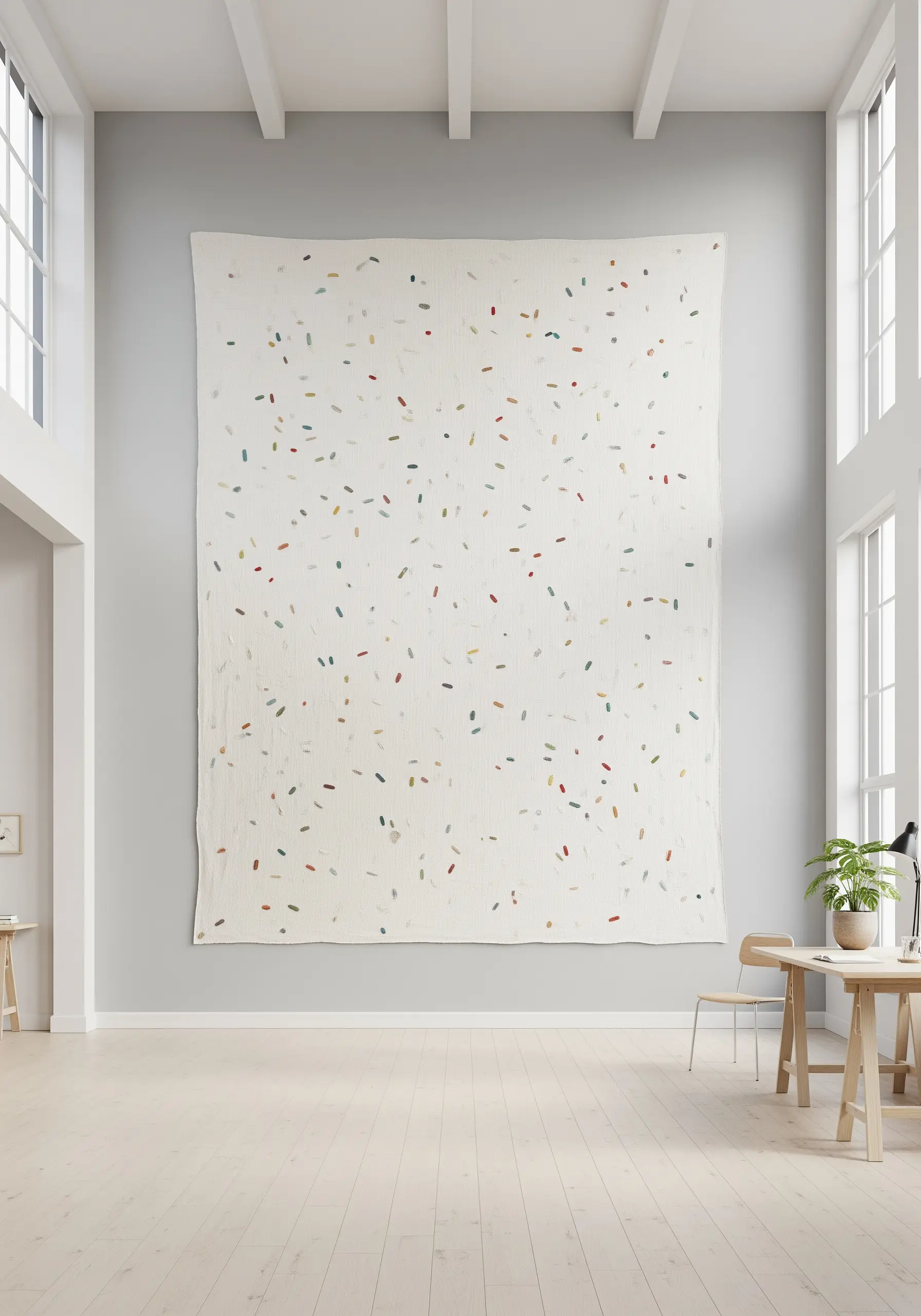 An enormous off-white textile wall hanging with small, colorful stitches scattered like confetti.