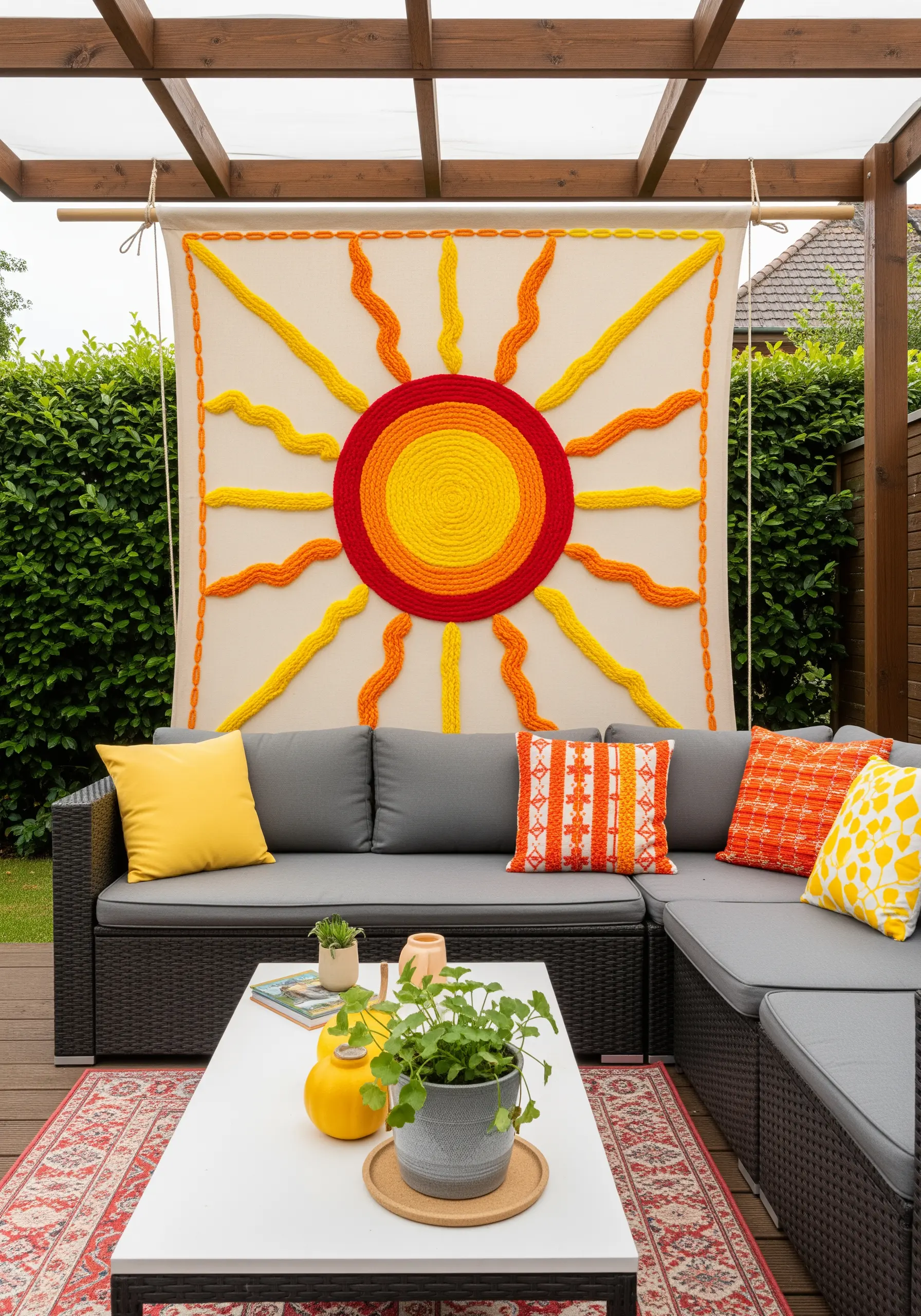 A large fabric tapestry with a sun motif made from thick, couched yarn.