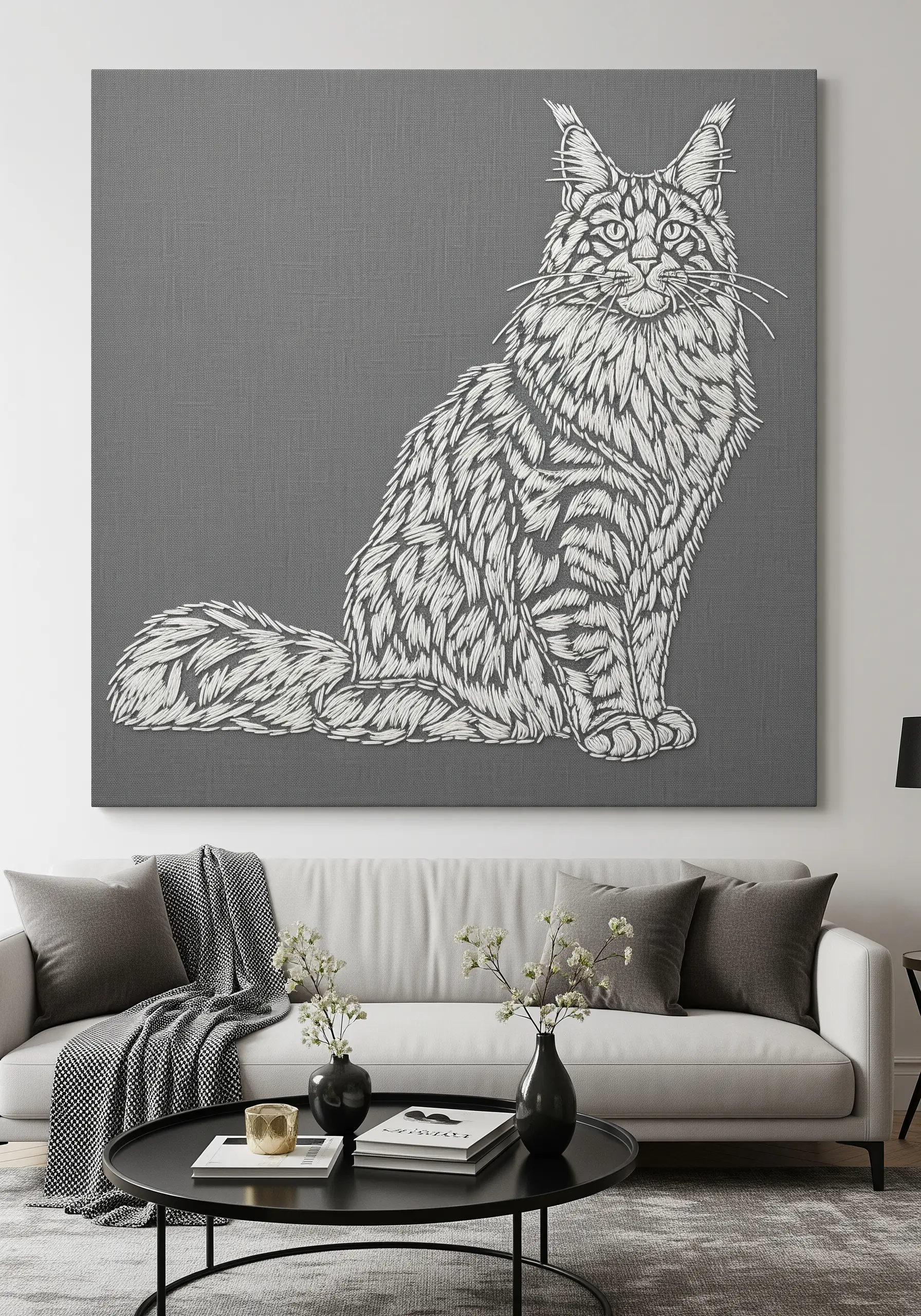 A large, detailed embroidery of a Maine Coon cat on a grey canvas.