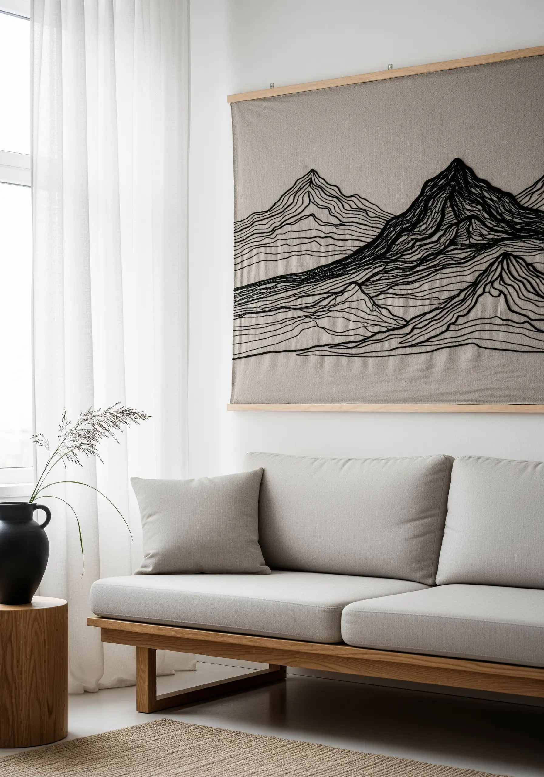 Large monochrome embroidered mountain tapestry hanging above a neutral Japandi-style sofa.