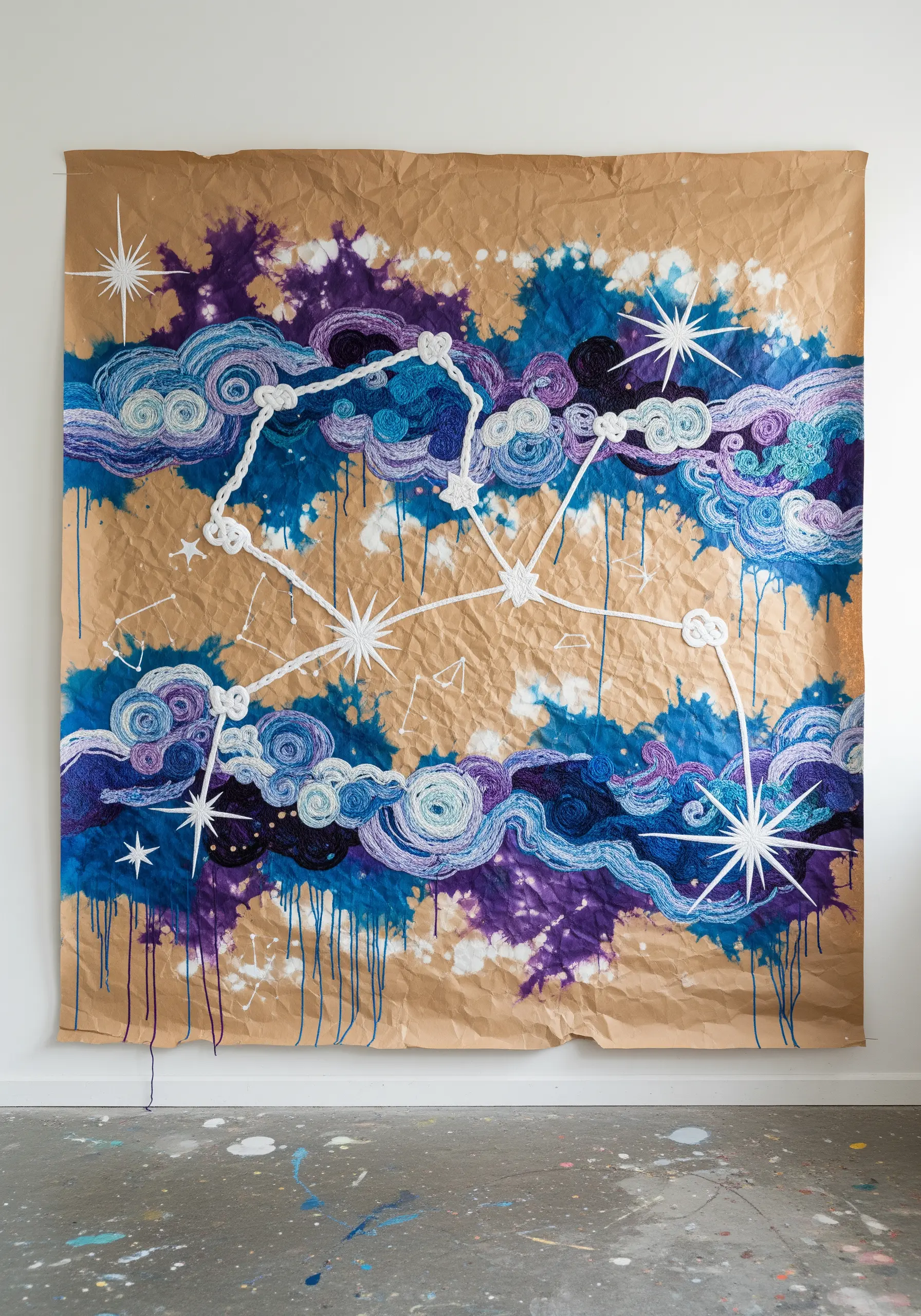 A large kraft paper wall hanging with painted galaxies and couched yarn constellations.