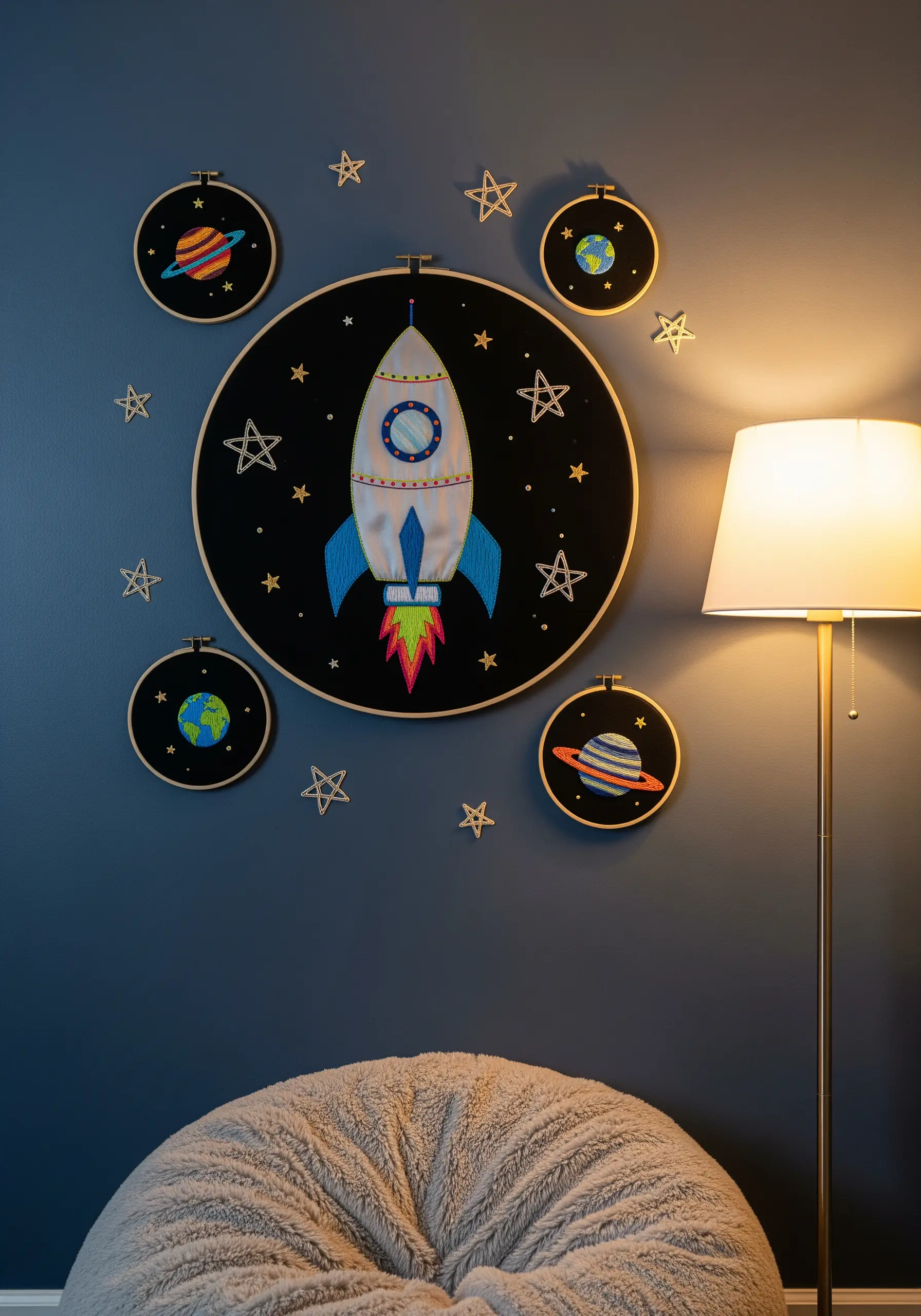A collection of space-themed embroidery hoops, including a large rocket ship, on a dark blue wall.