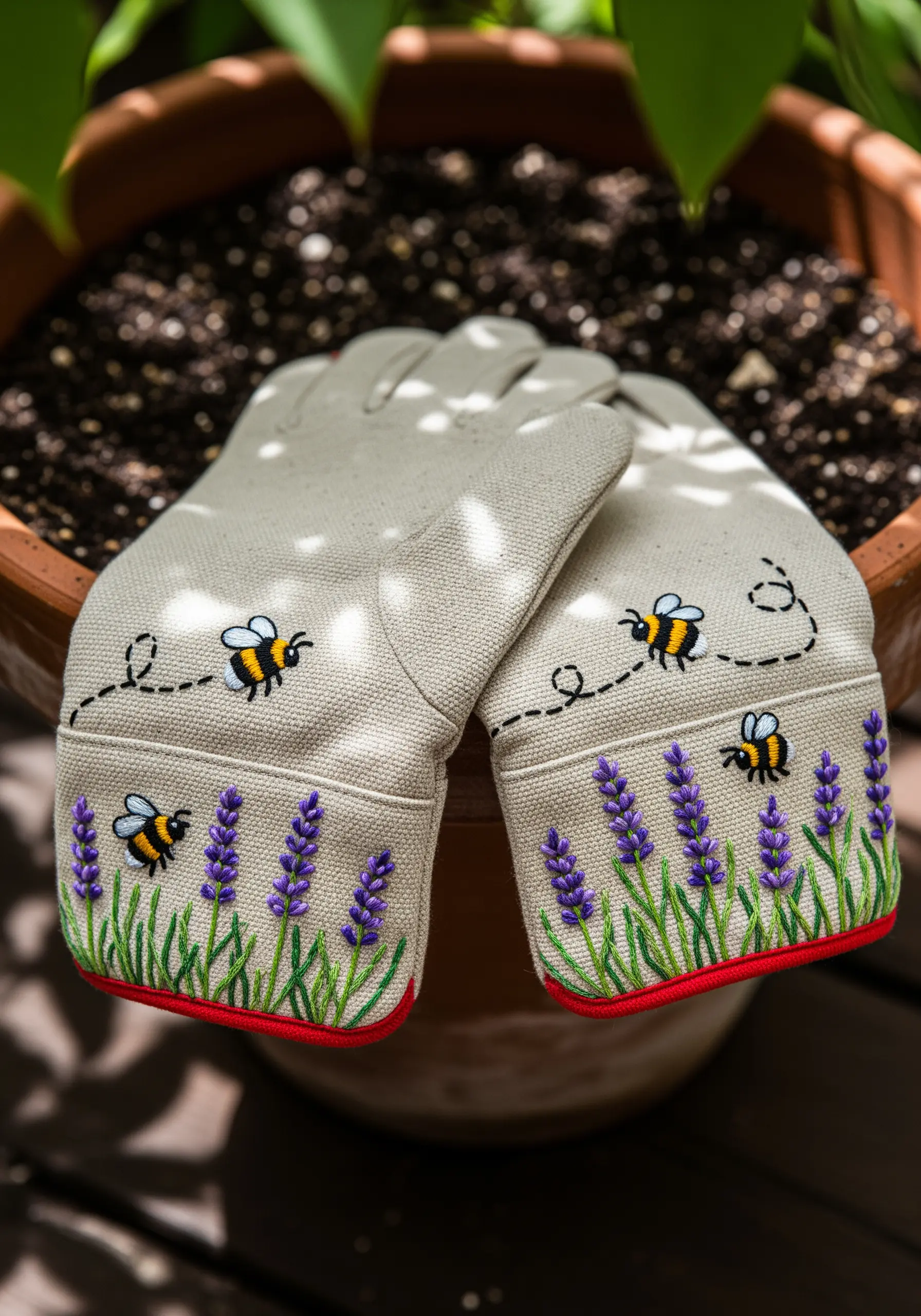 Gardening gloves with embroidered lavender flowers and busy bees on the cuffs.