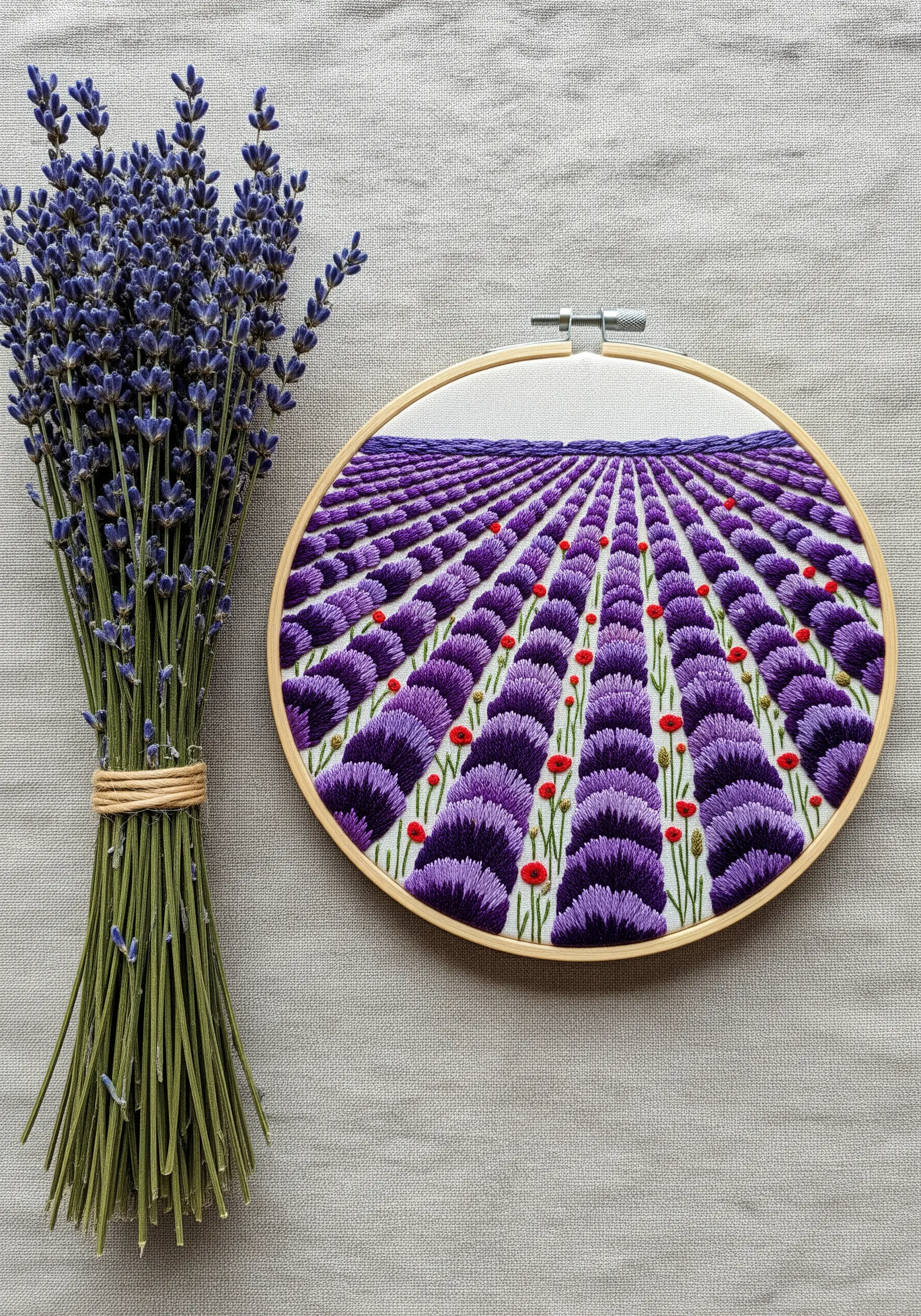 Embroidery of a lavender field stretching to the horizon, with tiny red poppies.