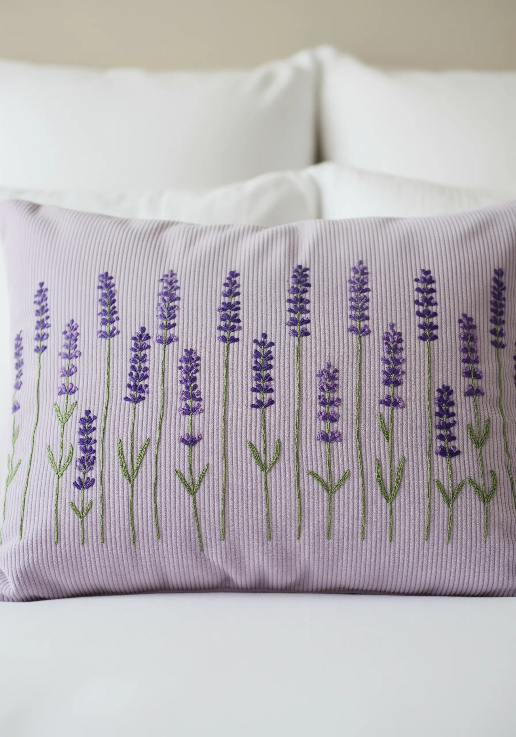 Lavender sprigs embroidered in neat rows on a pale purple corduroy cushion.