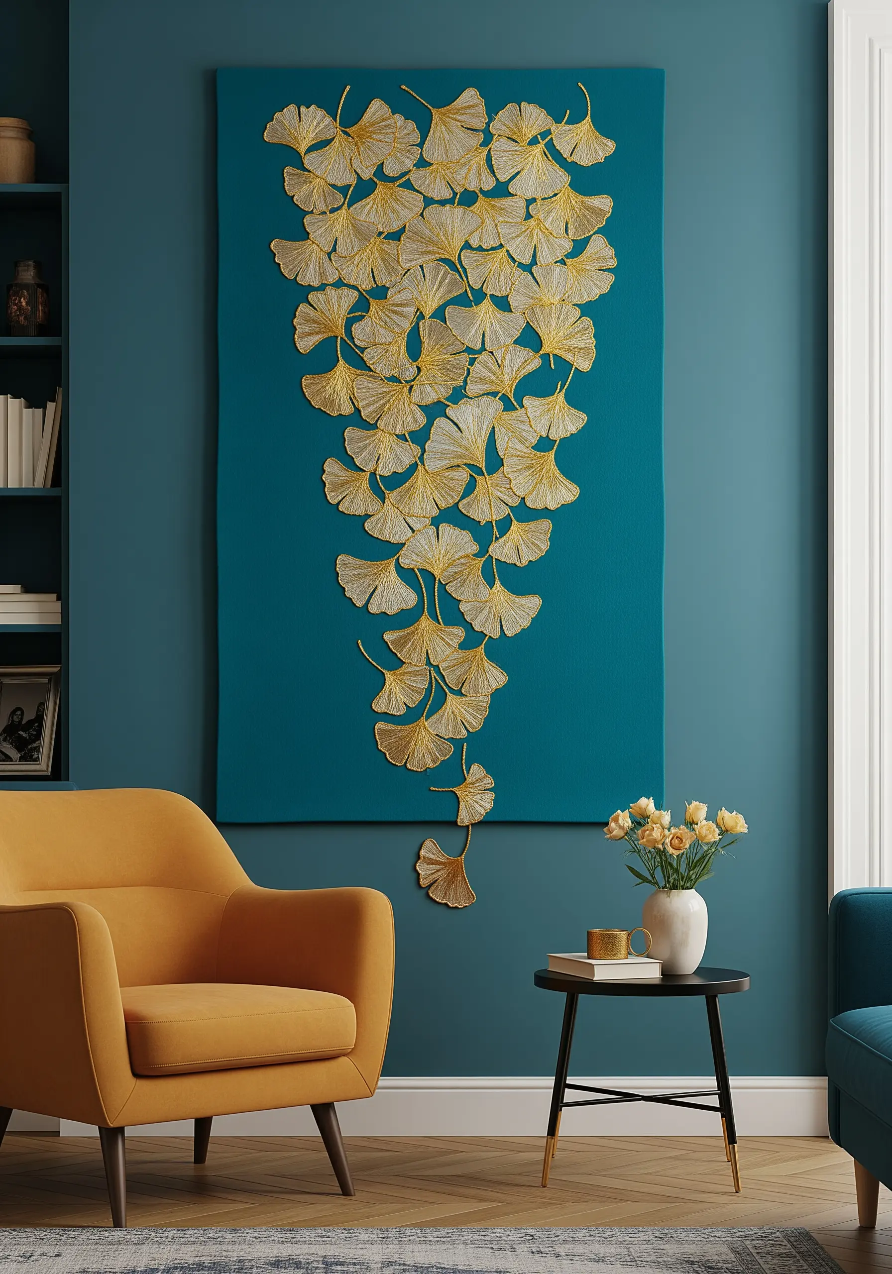 A teal wall hanging decorated with a cascade of 3D embroidered ginkgo leaves in gold and silver.