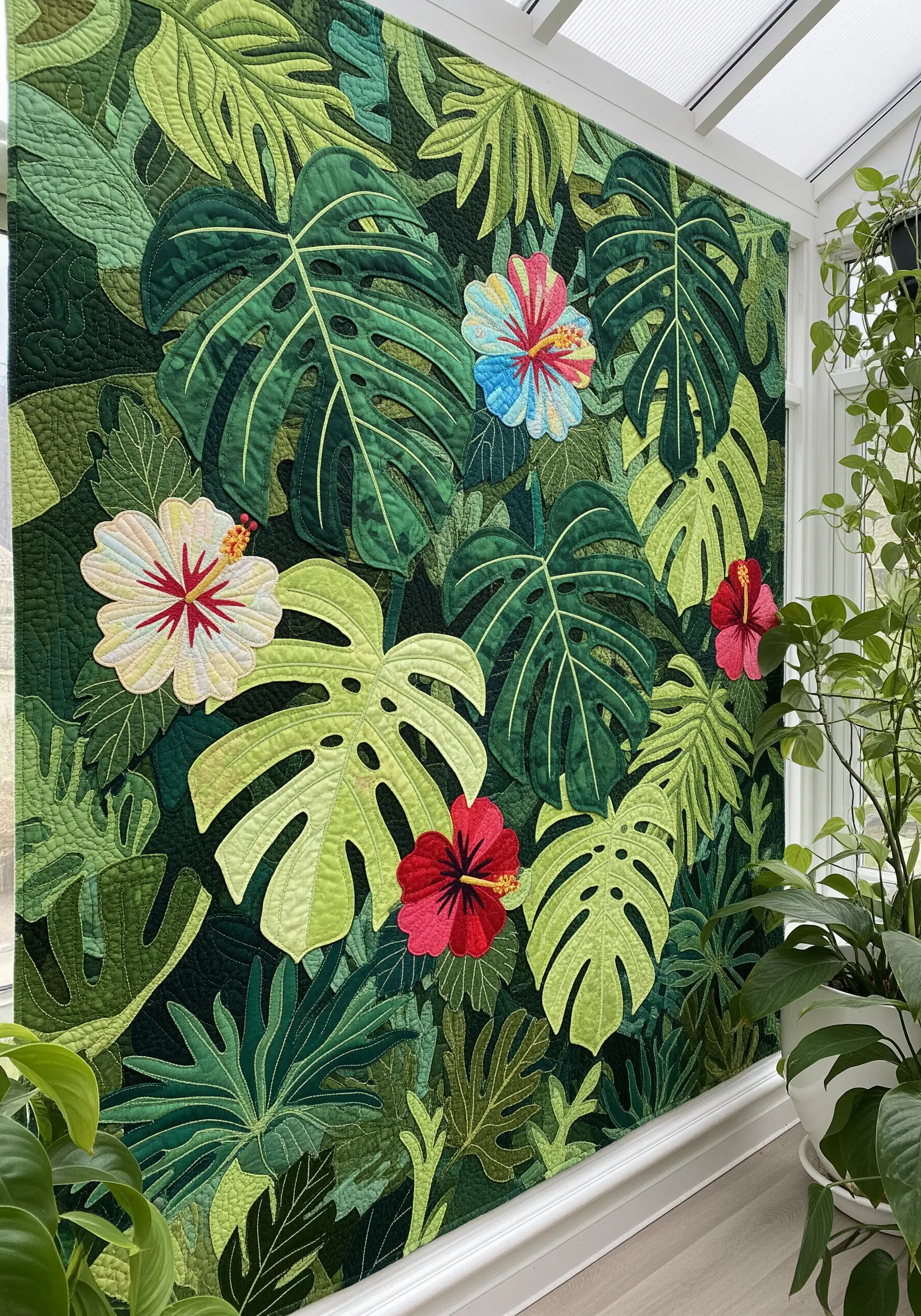 A dense quilted wall hanging with layered green monstera leaves and hibiscus flowers.