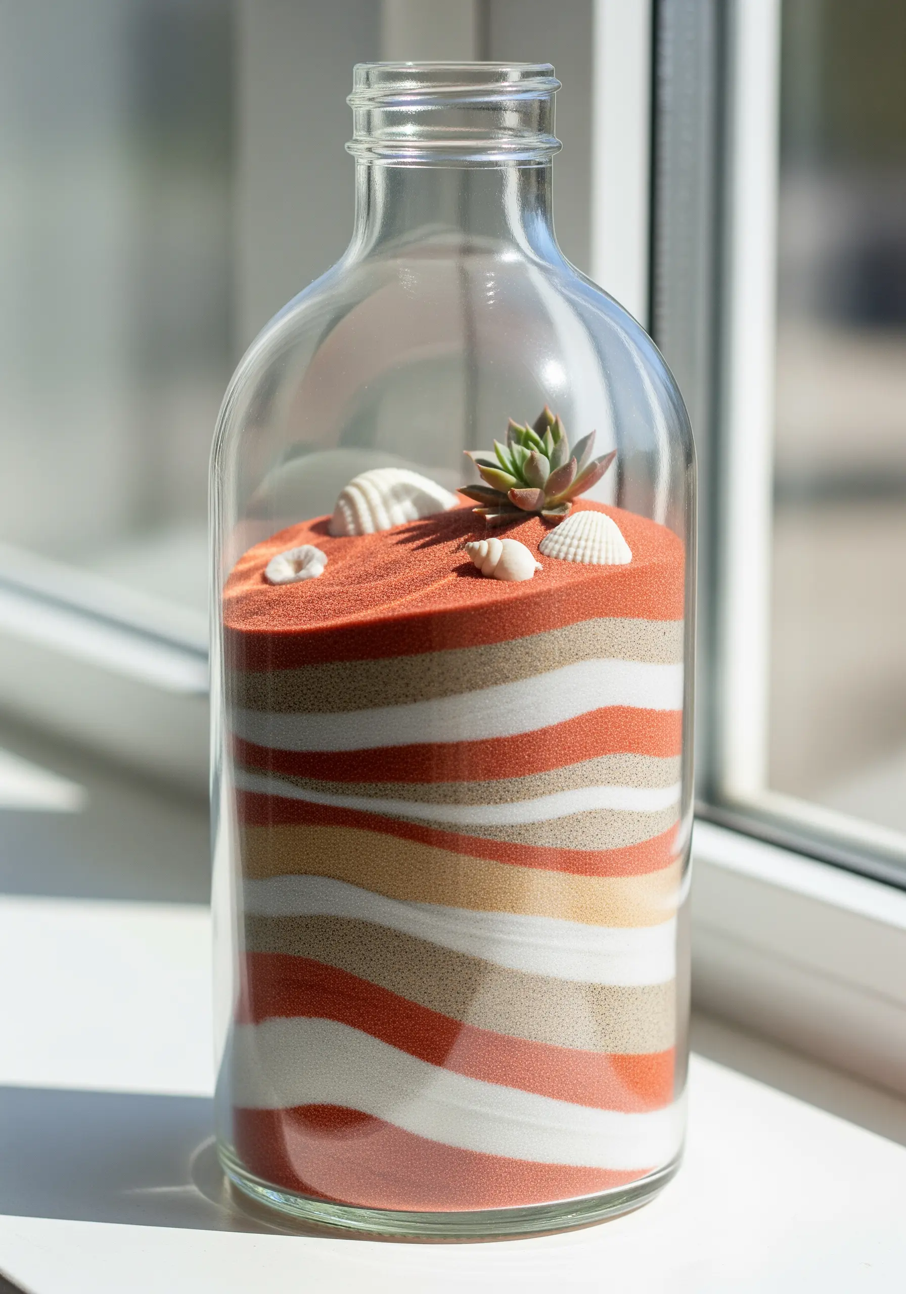 A clear glass bottle filled with wavy layers of colored sand, topped with shells