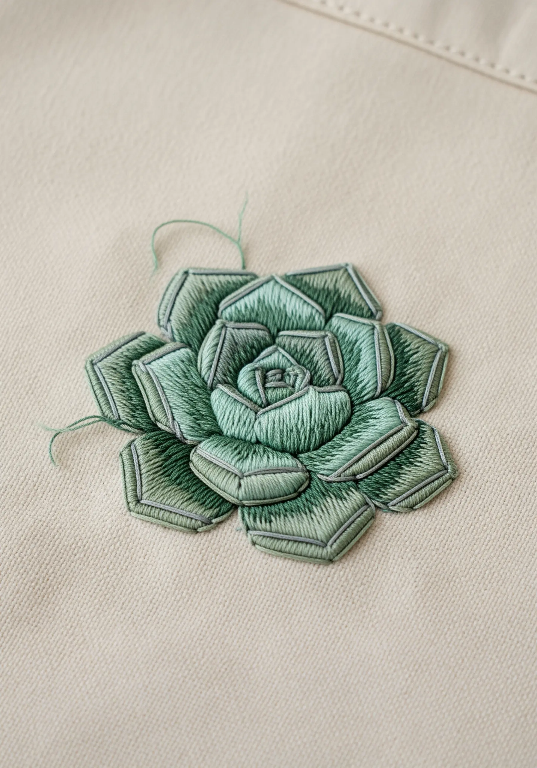 A detailed 3D succulent embroidered with layered green petals and dark outlines.