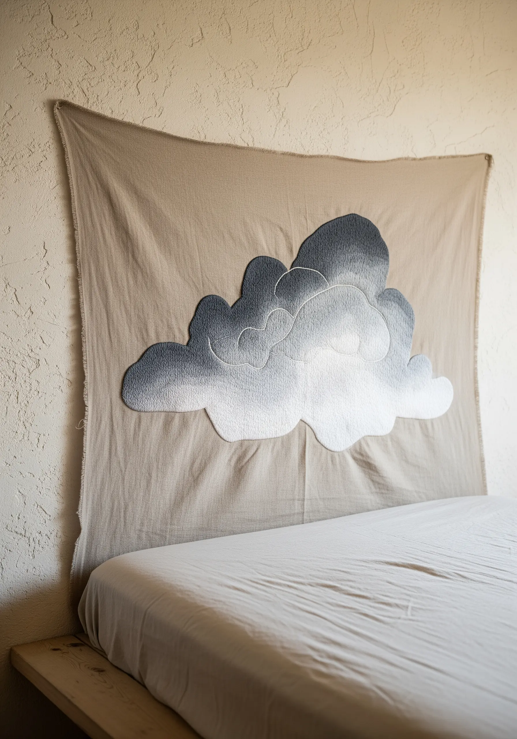 An embroidered wall hanging of a layered cloud in shades of grey and white above a bed.