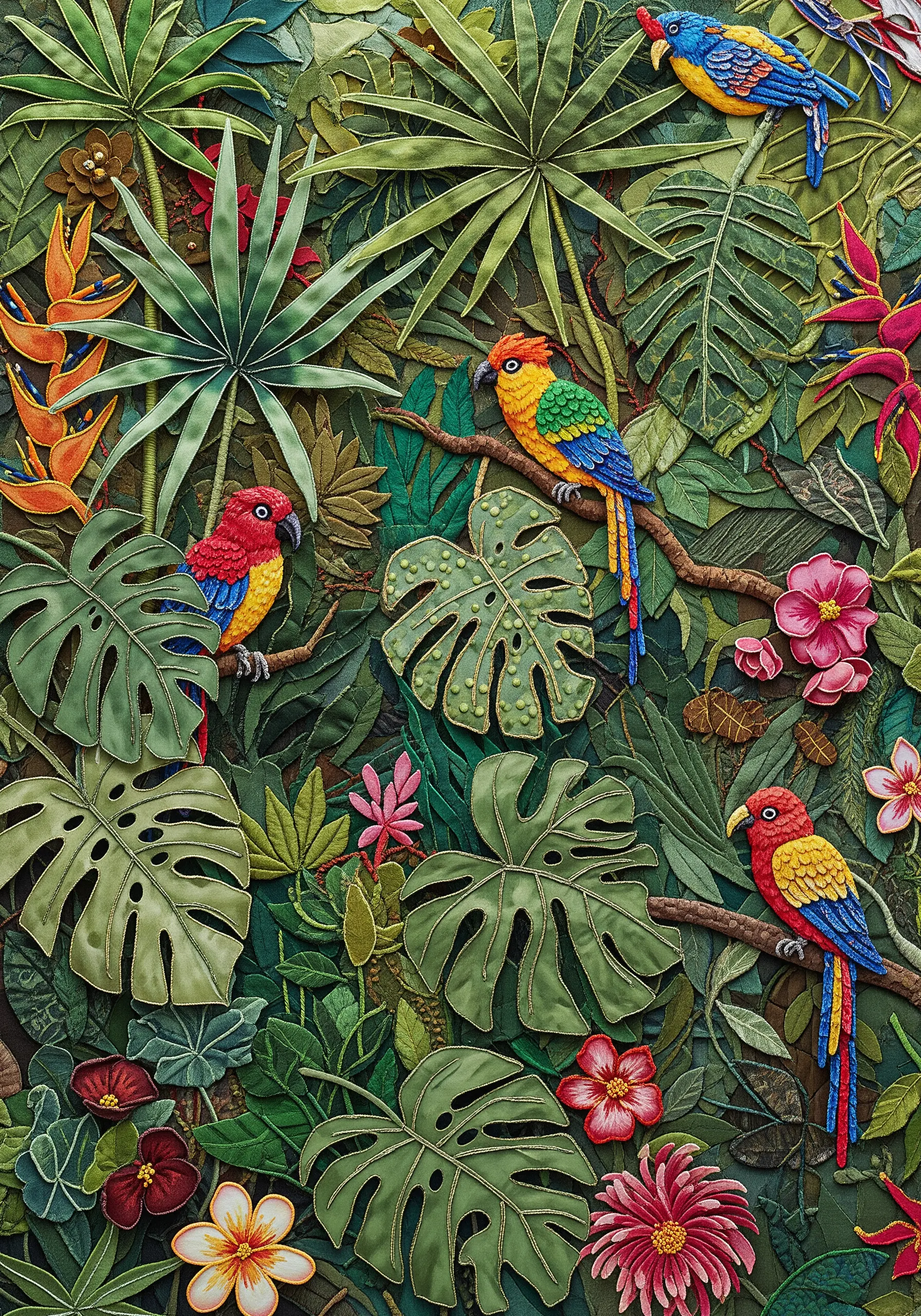 A dense jungle scene with parrots, made from intricately layered and stitched fabric appliqué.