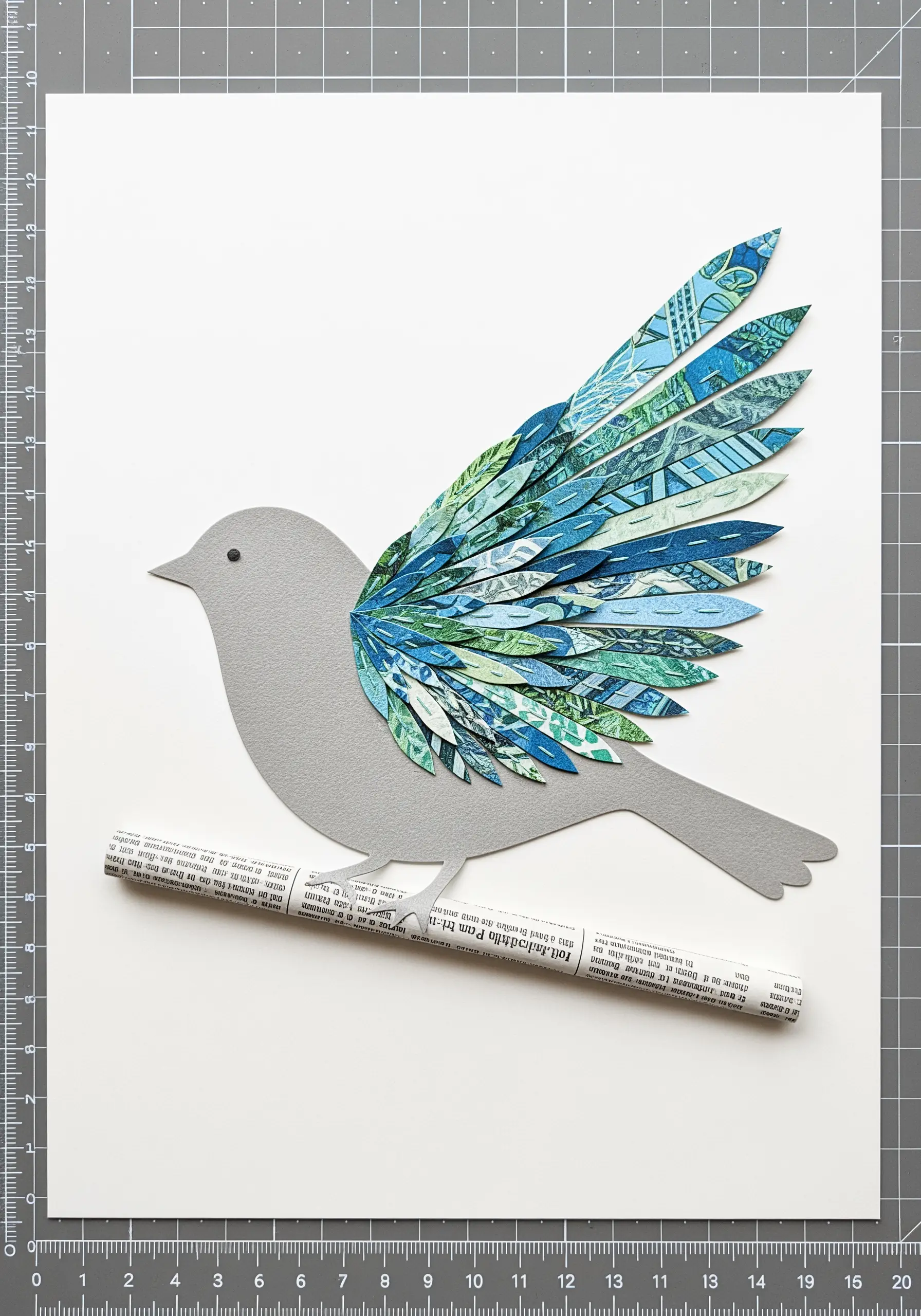 A bird silhouette with wings made from layered, patterned paper feathers.