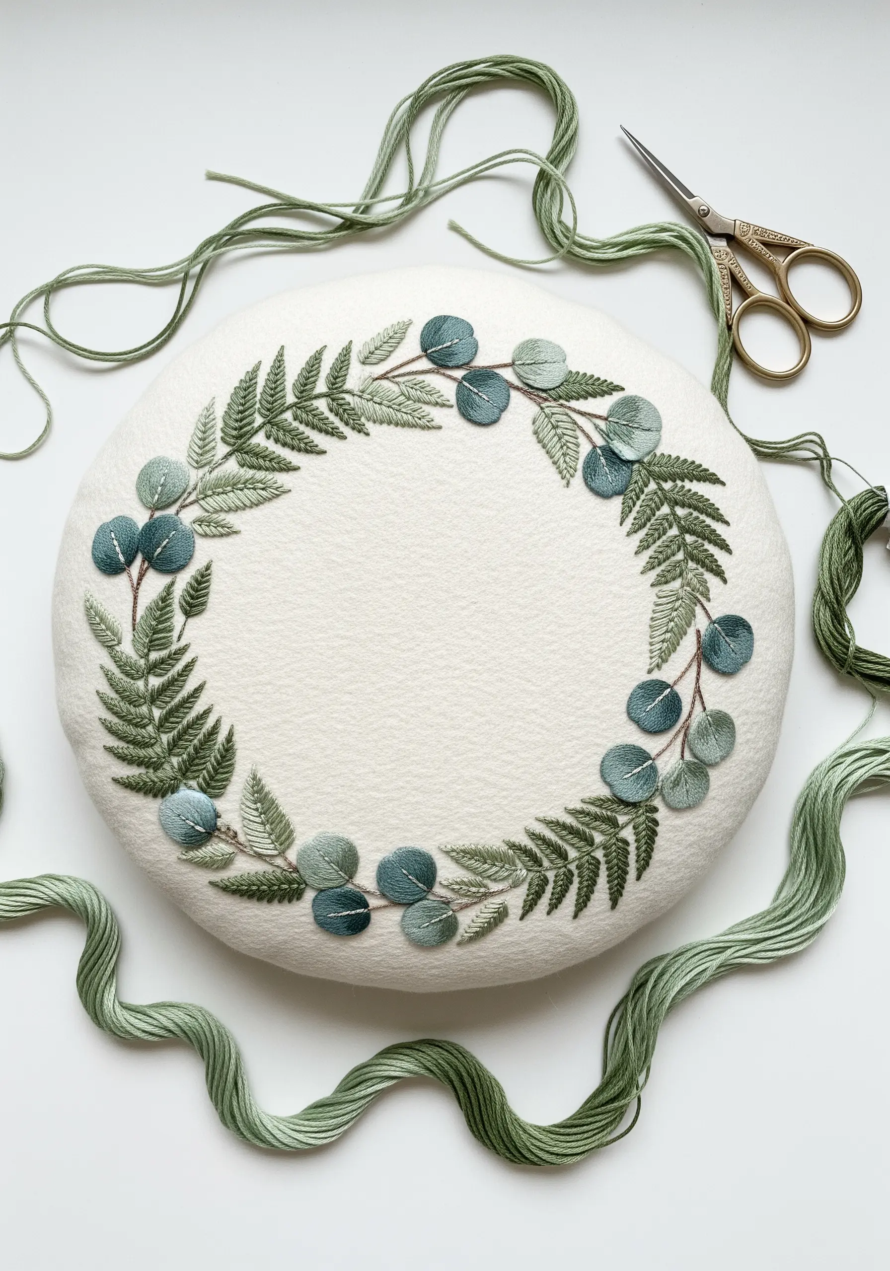 A round white pillow with an embroidered wreath of felt appliqué eucalyptus and stitched ferns.