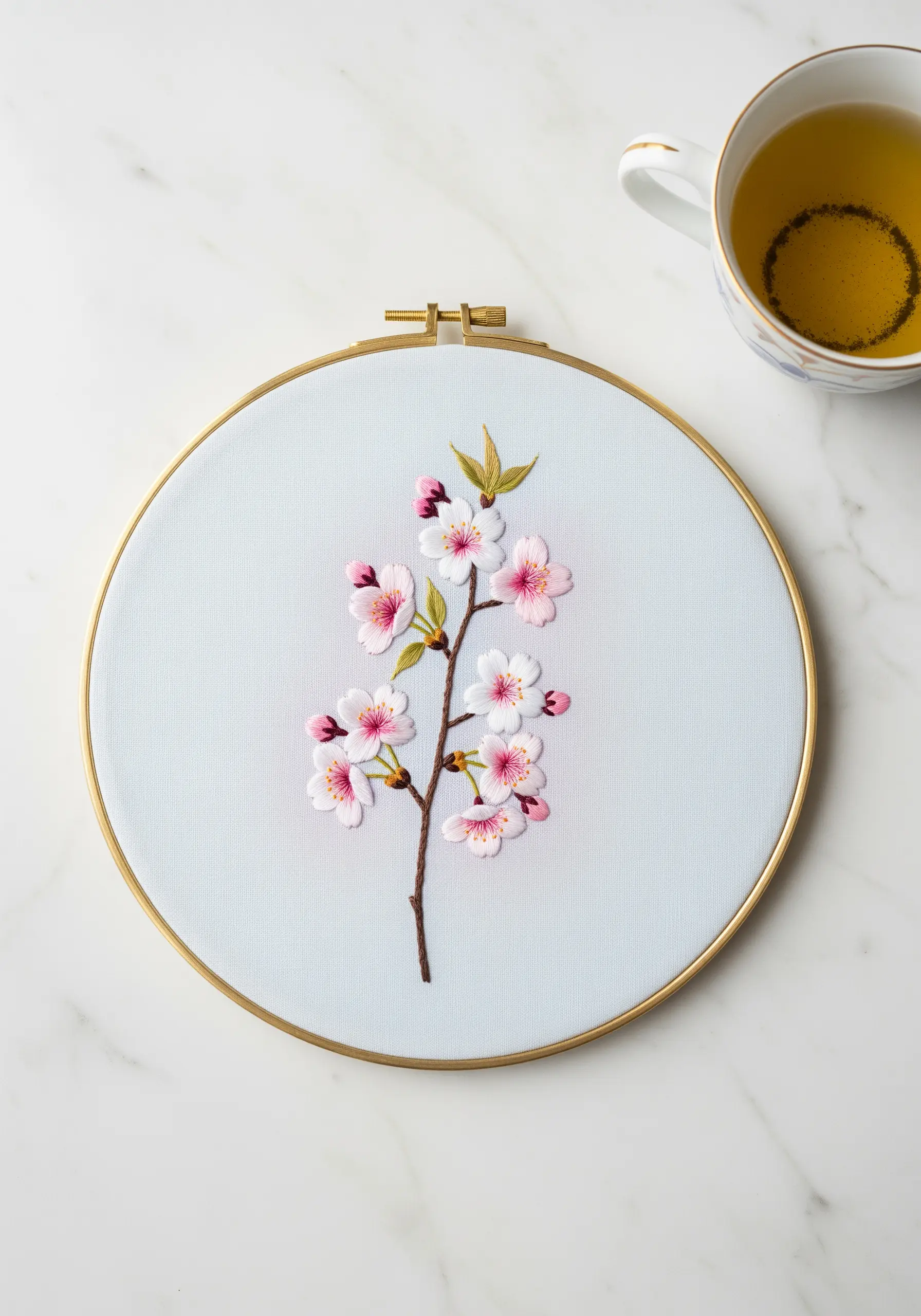 Delicate cherry blossoms embroidered on a light blue fabric, suggesting a spring sky.