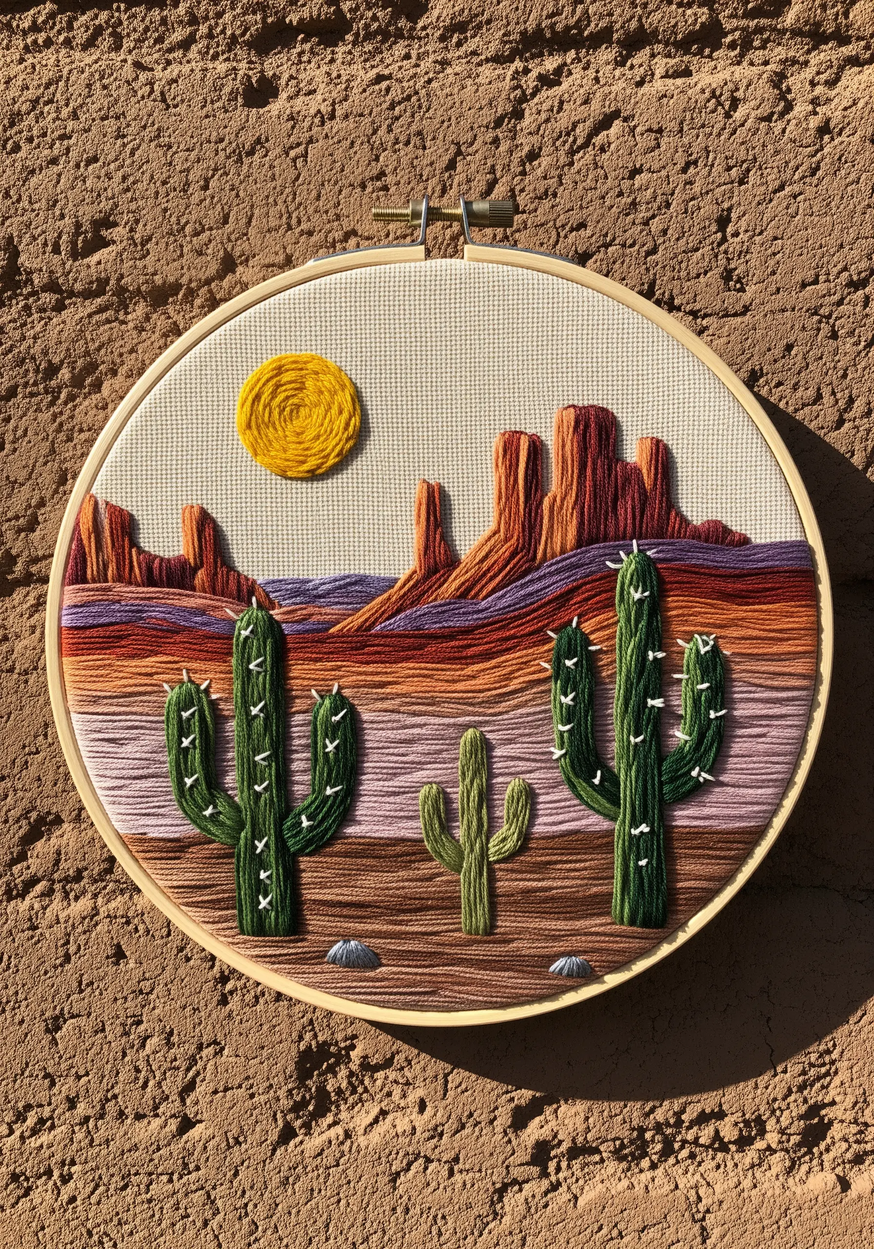 A vibrant desert landscape embroidery with layered colors for the mesas and Cacti in the foreground.