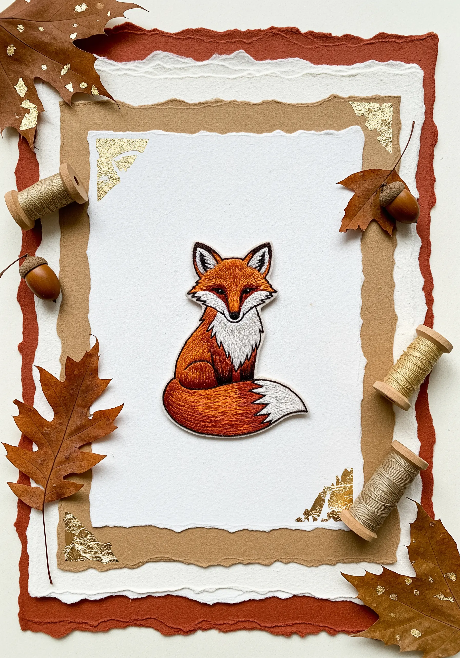 Embroidered fox patch mounted on layered, deckle-edge paper with gold leaf details.