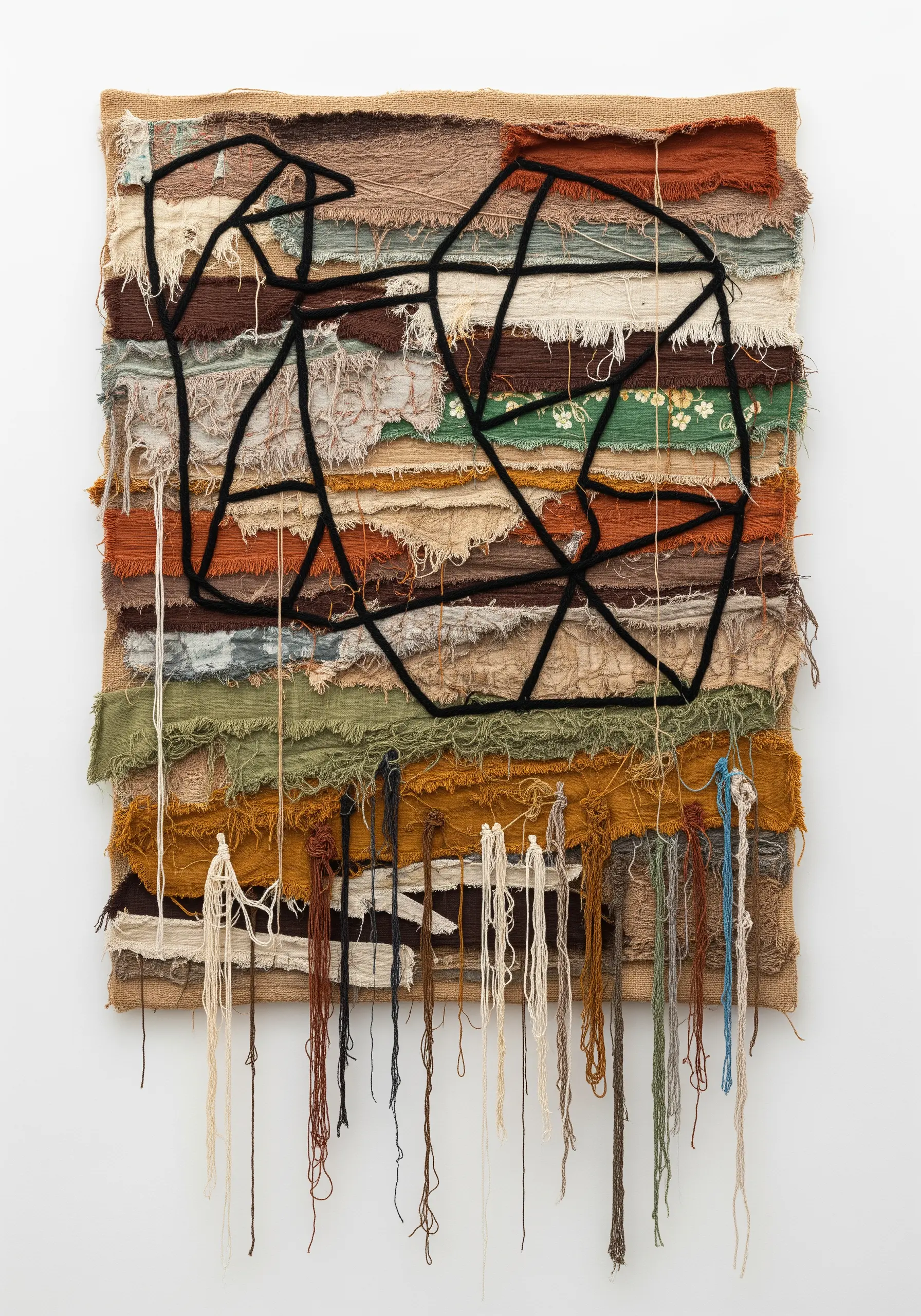 A wall hanging made of layered, frayed fabric scraps in earthy tones with black yarn stitched on top