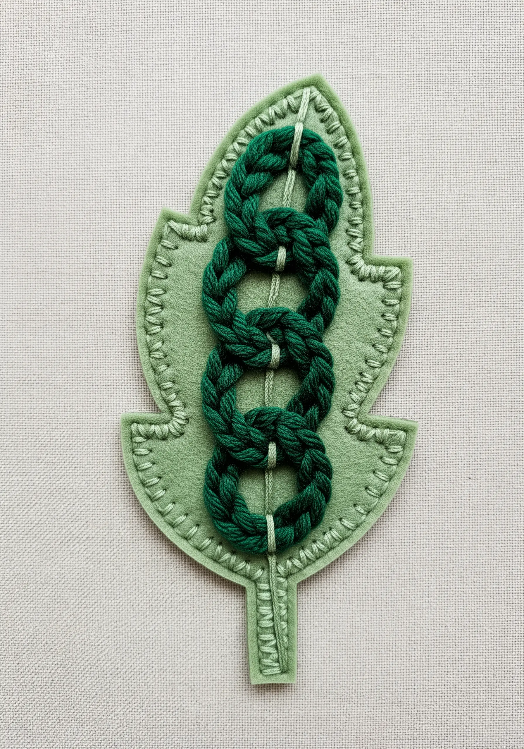 A green felt leaf appliqué decorated with braided green yarn and edged with blanket stitch.