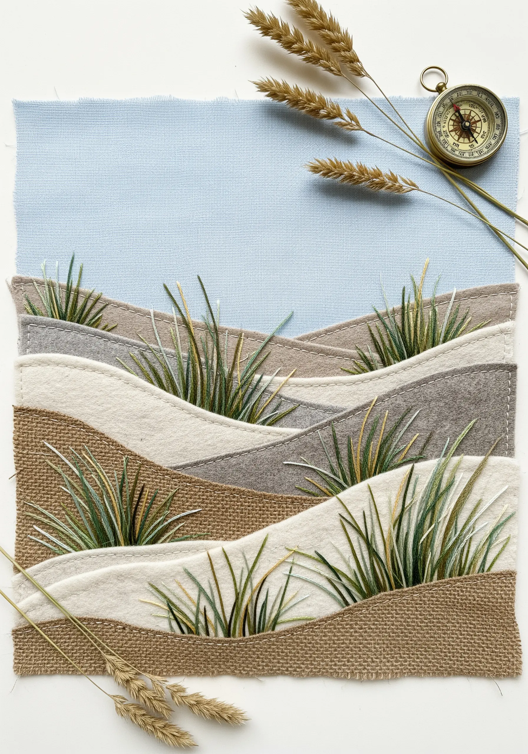 Fabric collage of sand dunes using layered burlap, felt, and linen, with embroidered grasses.