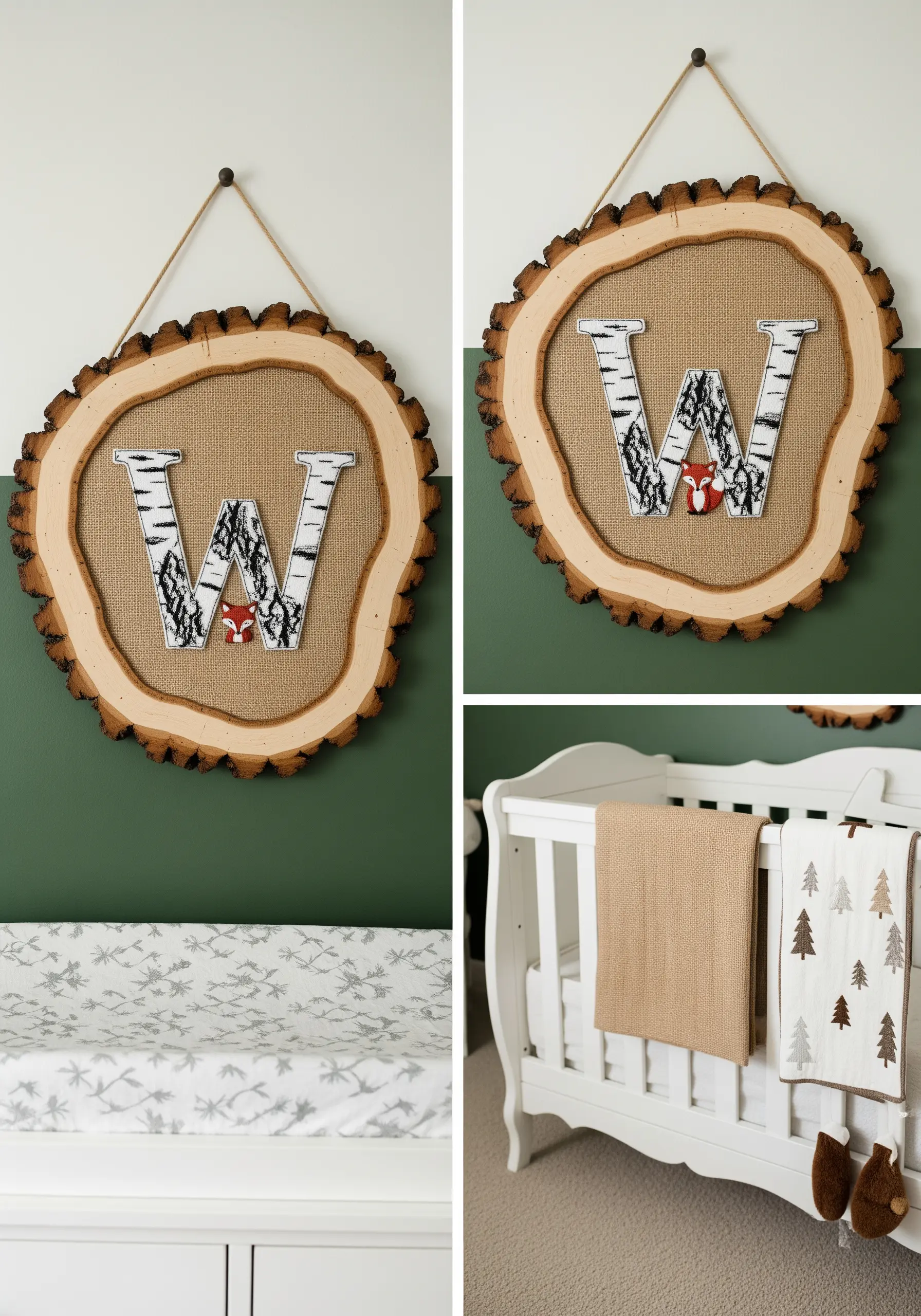 Monogram 'W' with a birch tree pattern appliqué on burlap, mounted on a wood slice.