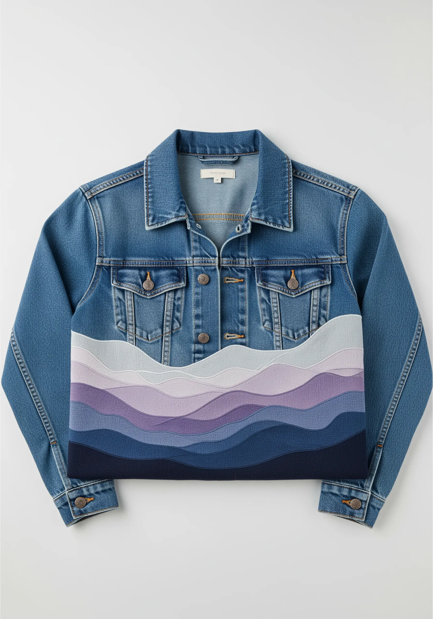 Abstract mountain landscape made from layered fabric in a purple and blue gradient on a denim jacket.