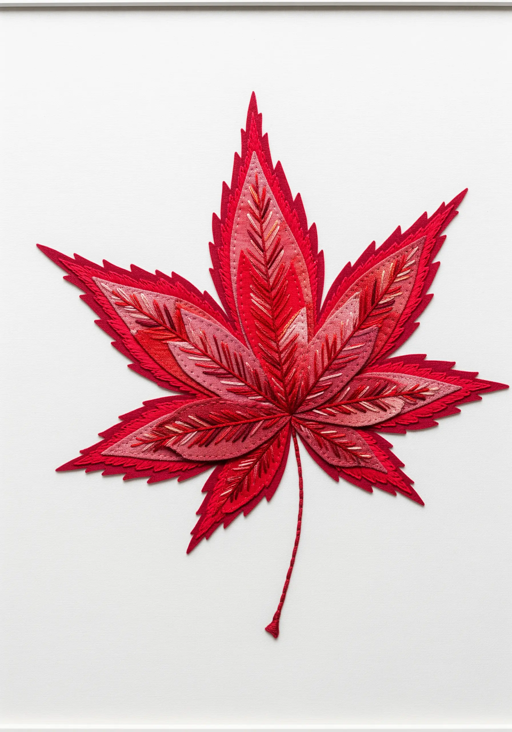 A layered Japanese maple leaf made from different red fabric pieces with embroidered details.
