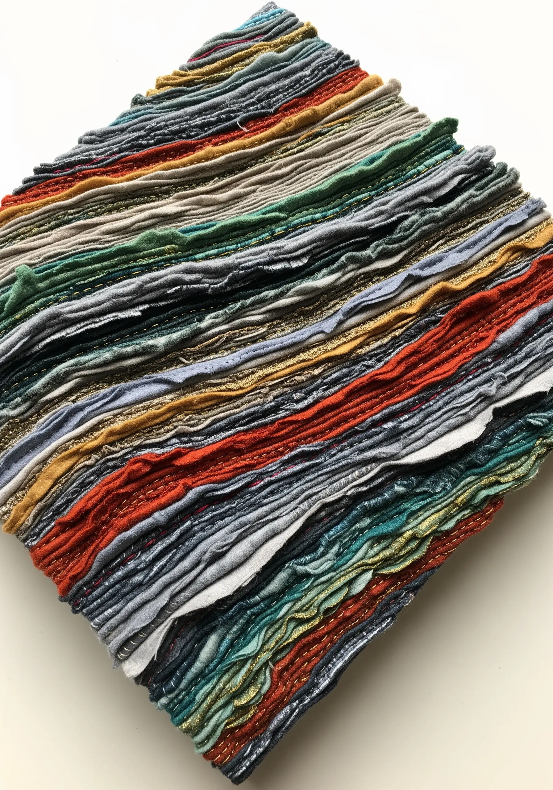Layered and stitched fabric strips in muted colors with raw edges, creating a strata effect.