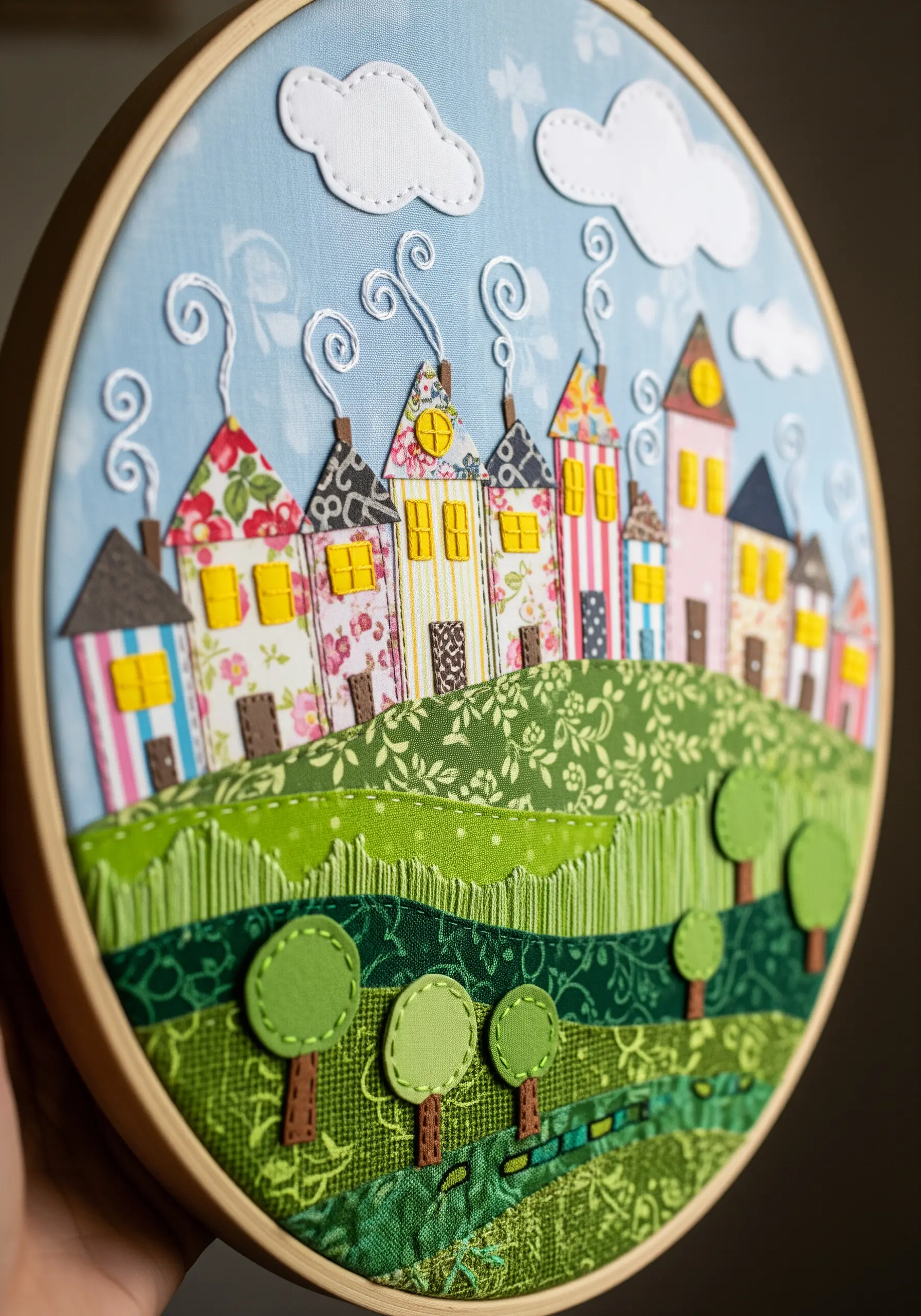 A whimsical landscape in a hoop made from layered fabric and paper collage.