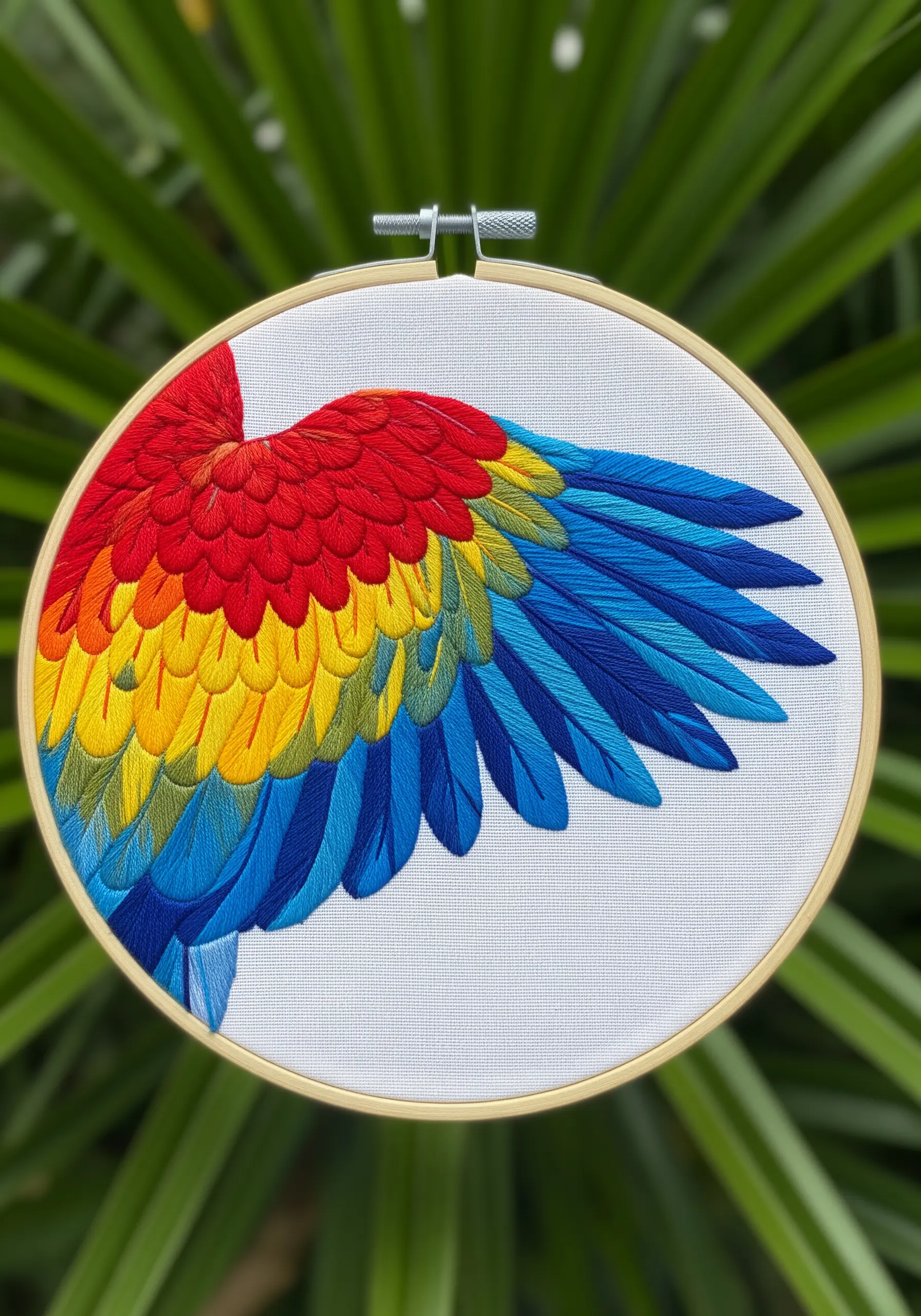 A brightly colored macaw wing showing layers of embroidered feathers.
